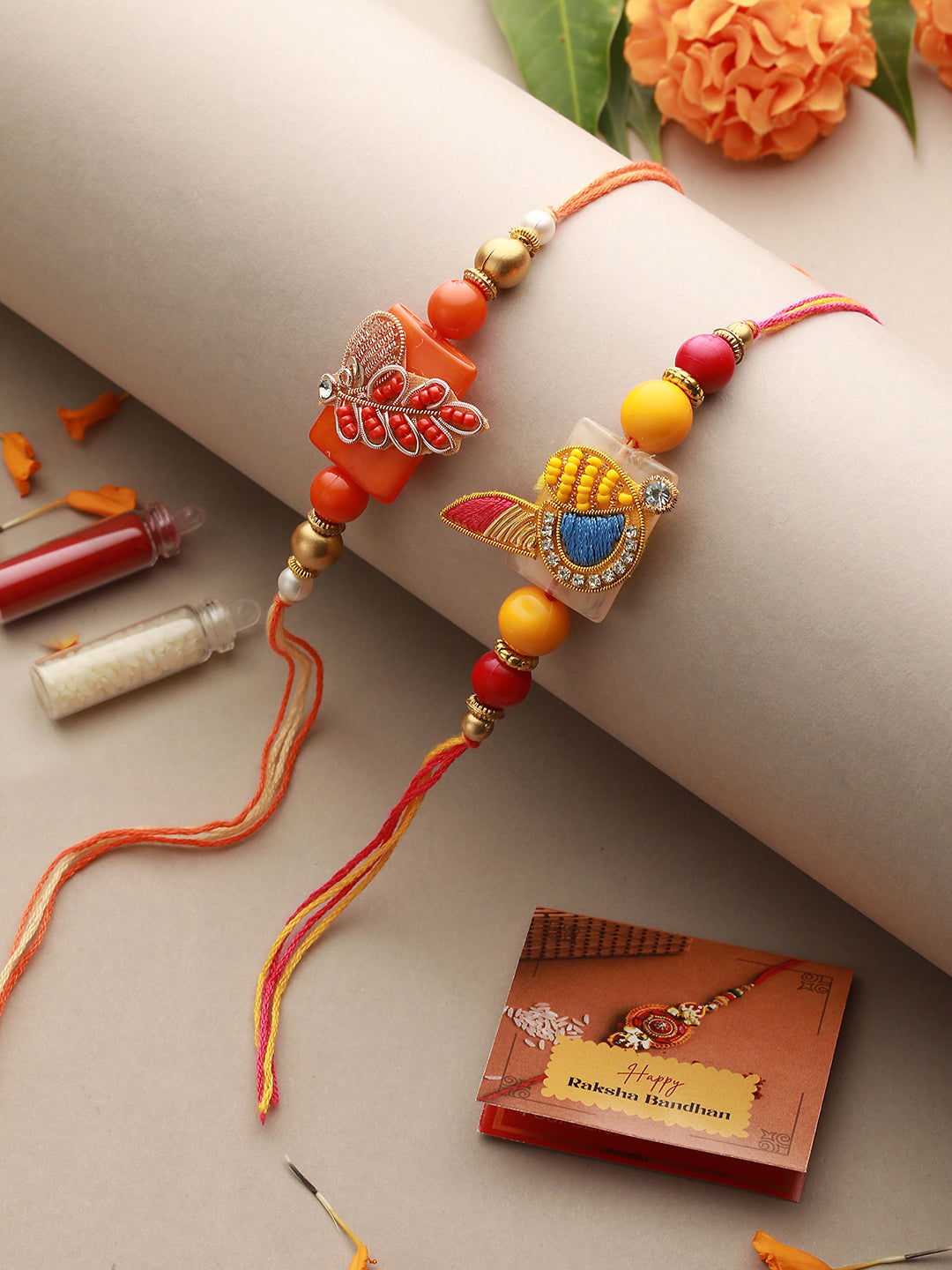 Set Of 2 Pearl Beaded Designer handcrafted Rakhi with Roli Chawal