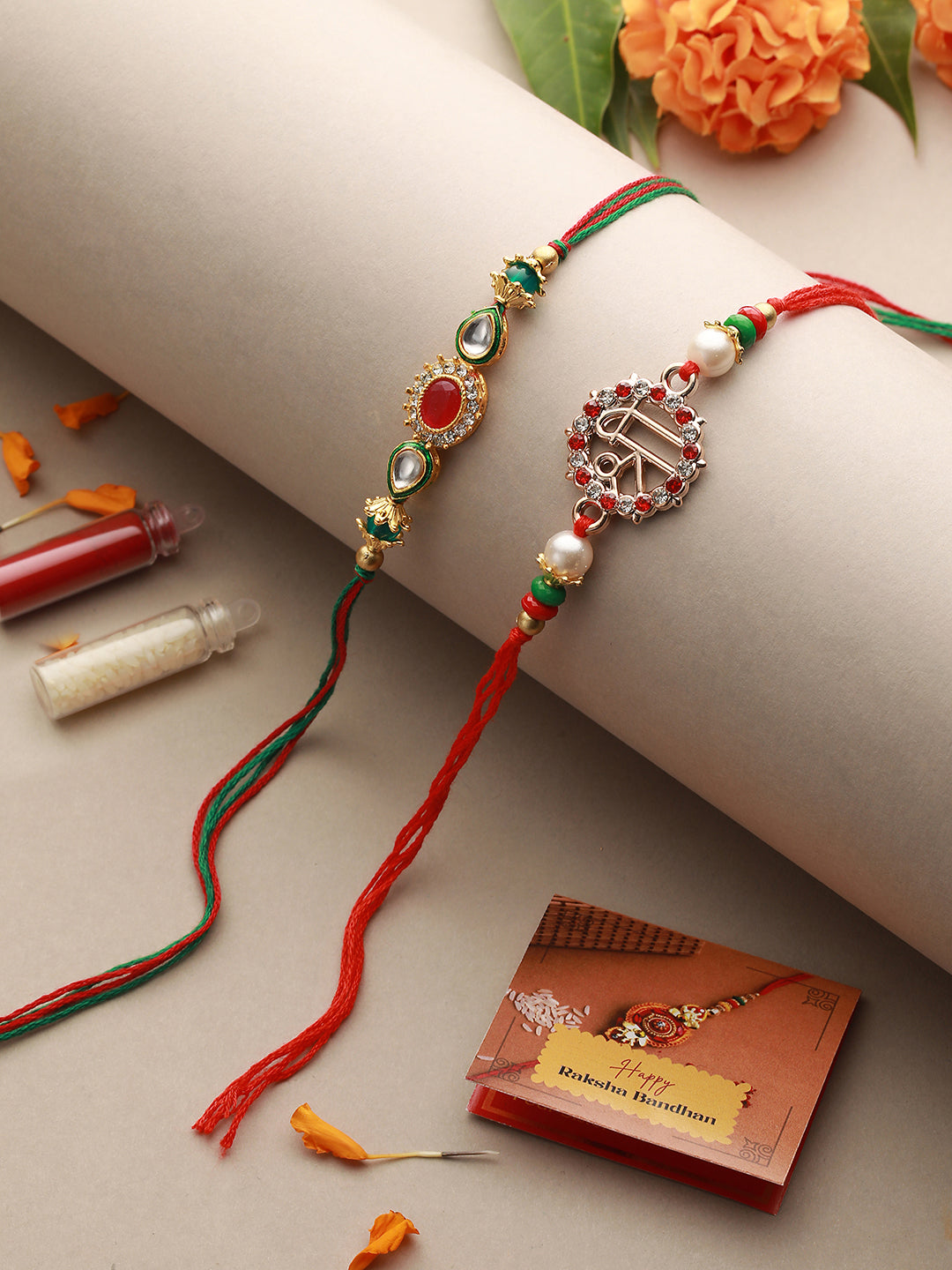 Set of 2 Kundan & Pearl Beaded Rakhi with Roli Chawal
