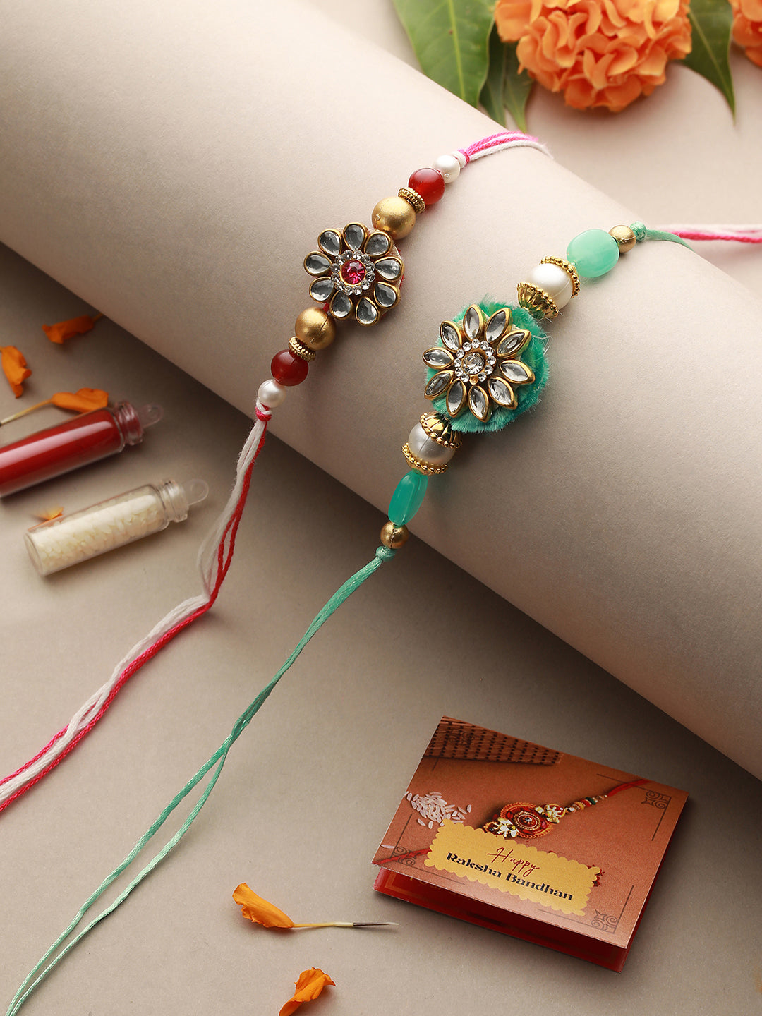 Set of 2 Kundan & Pearl Beaded Rakhi with Roli Chawal