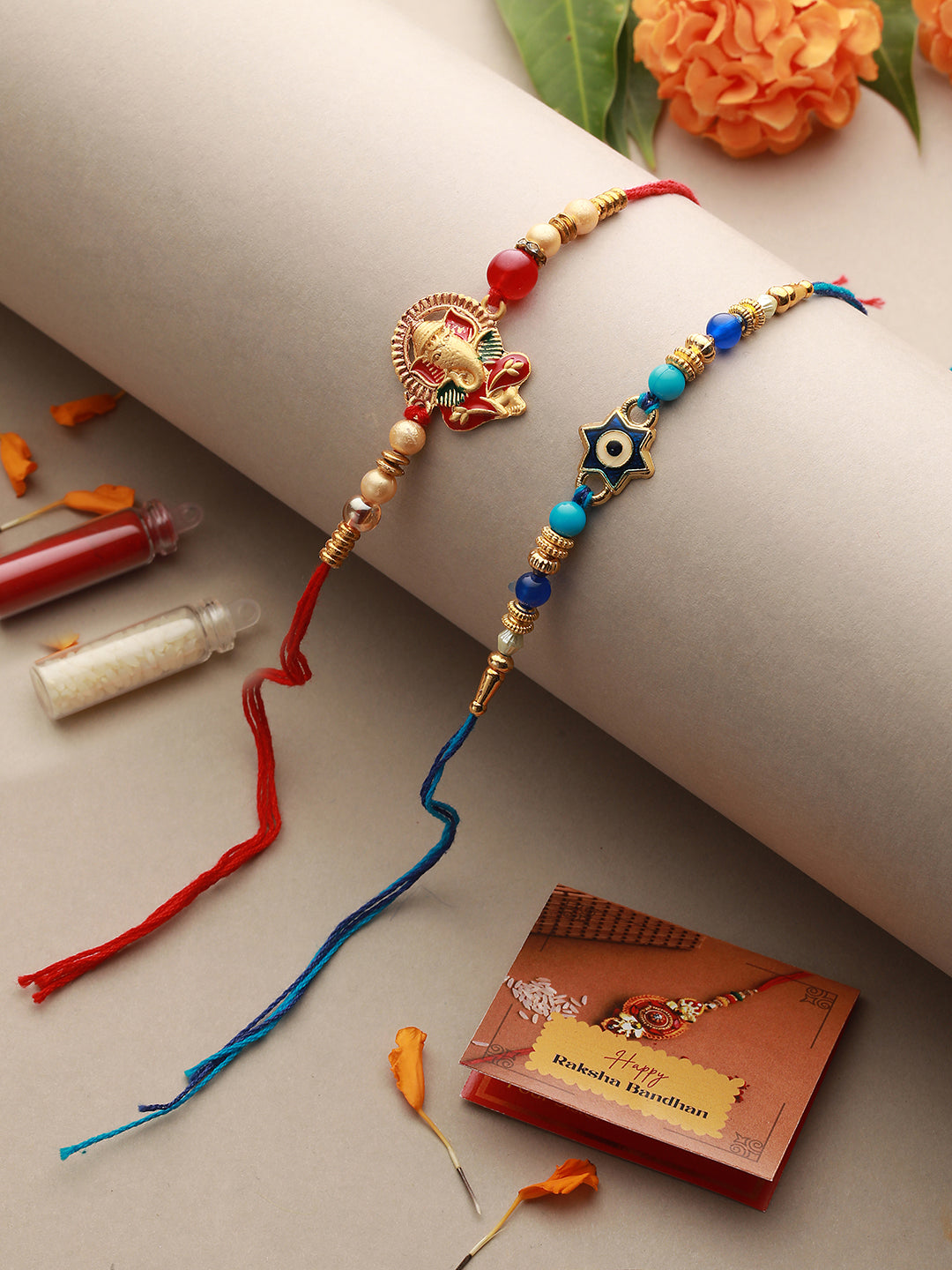 Set Of 2 Evil eye nd Ganesha Rakhi with Roli Chawal