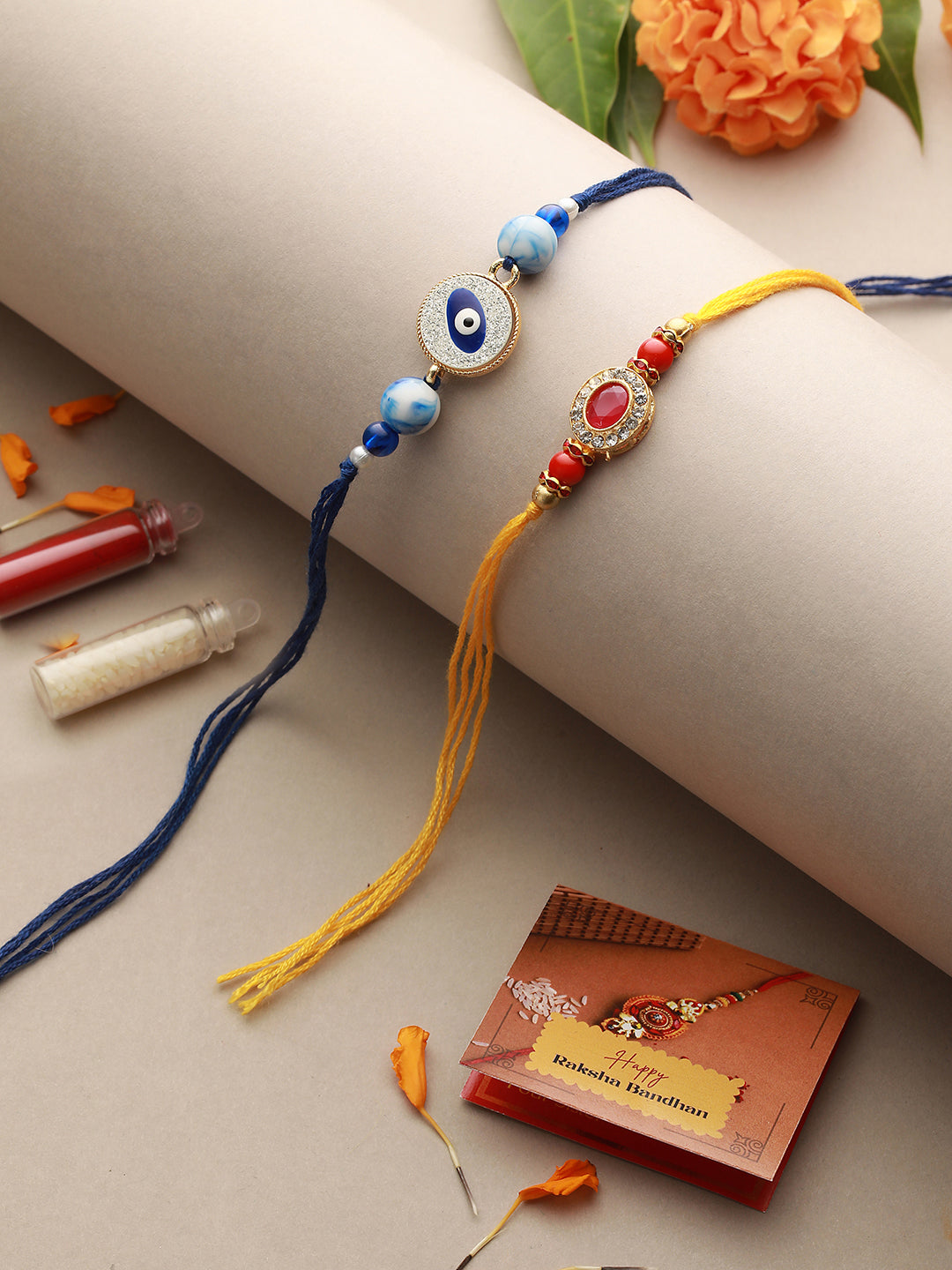 Set  Of 2 Evil Eye & Red Kundan Studded Rakhi with Roli Chawal
