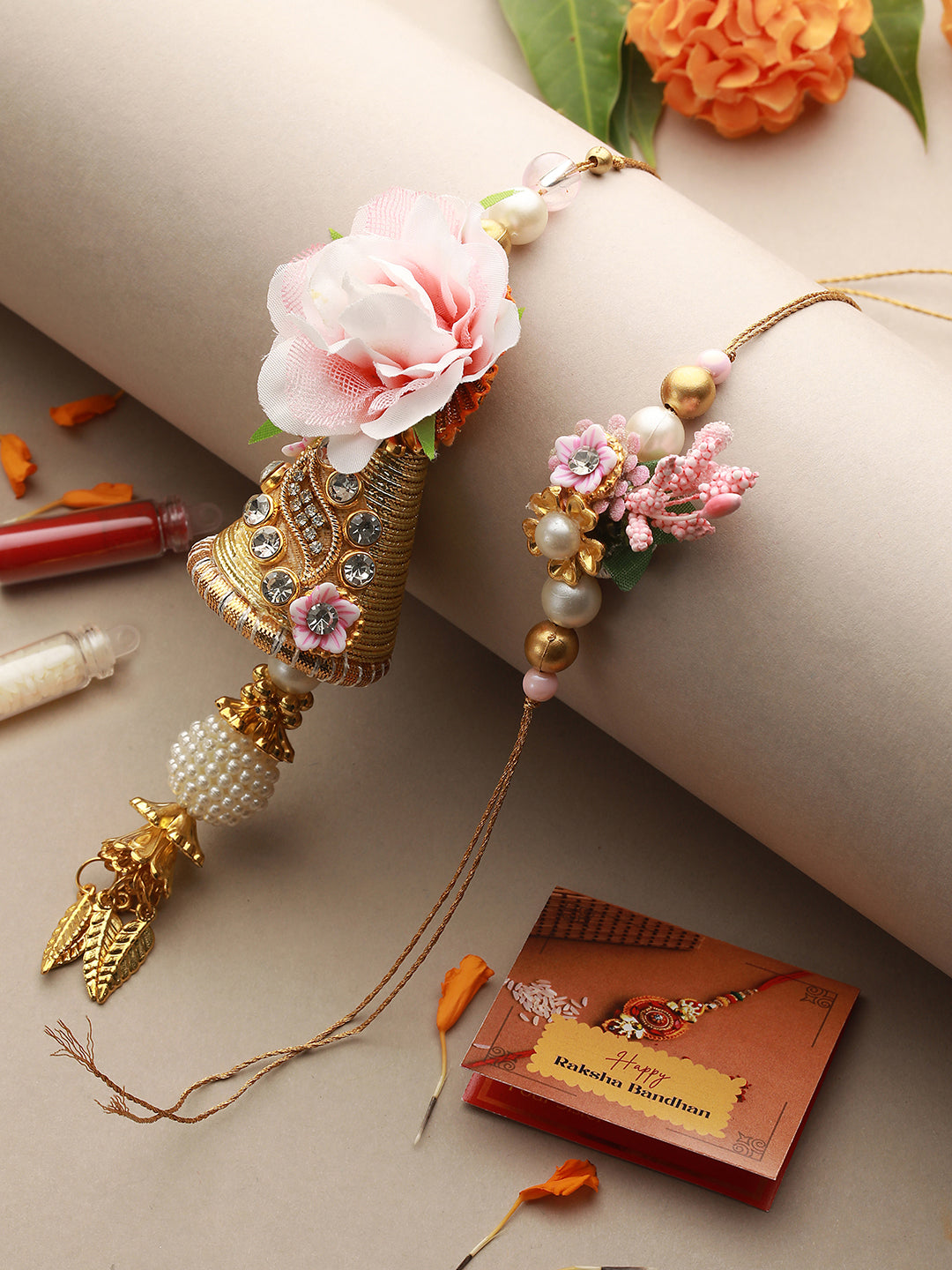 Set Of 2 Pink Flower & Pearl Beaded Handmade Rakhi Lumba Set