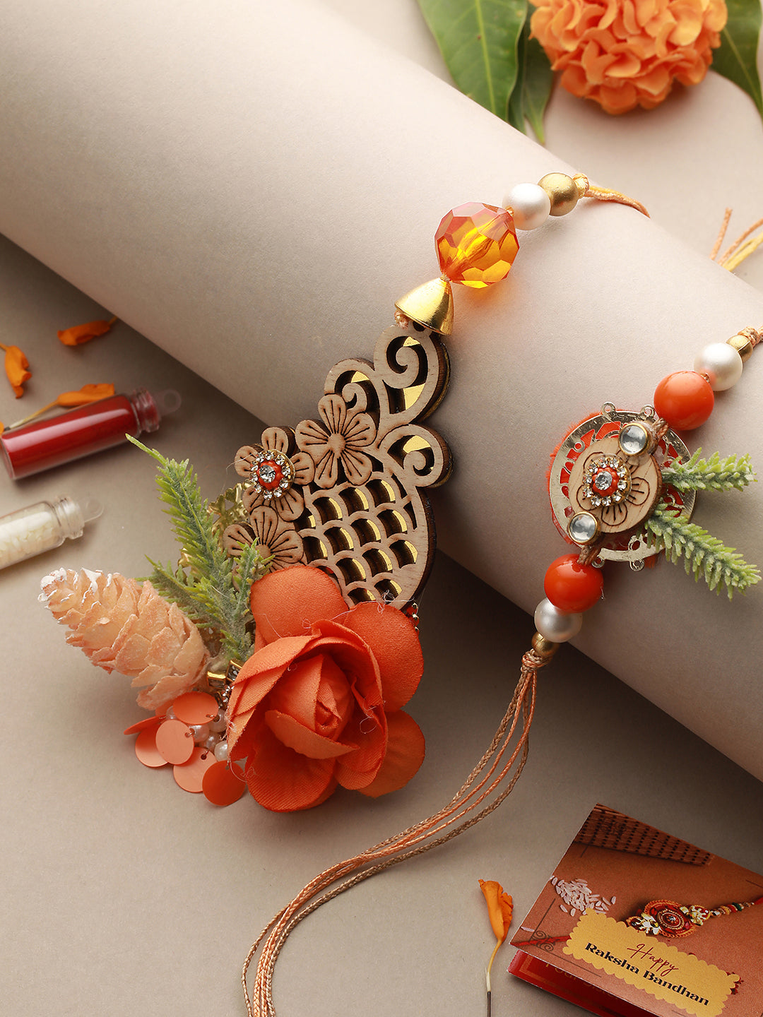 Orange Stones & pearl Beaded Handcrafted Lumba Rakhi Set With Roli Chawal
