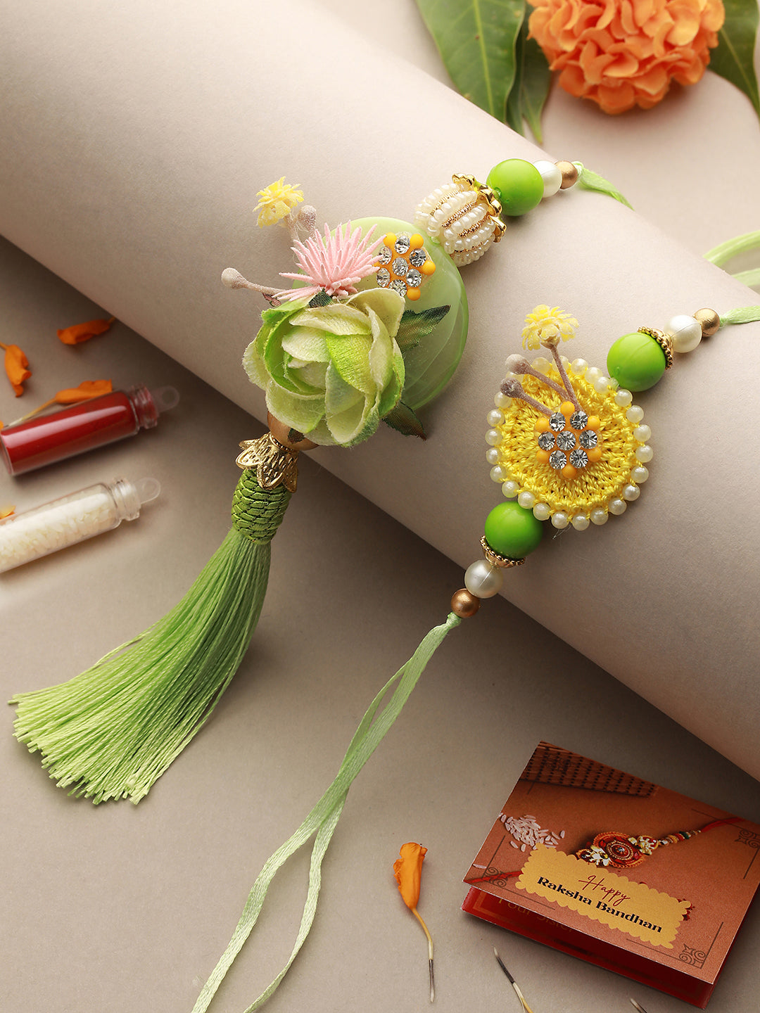Green Stones & Pearl Beaded Handcrafted Rakhi Lumba Set with Roli Chawal