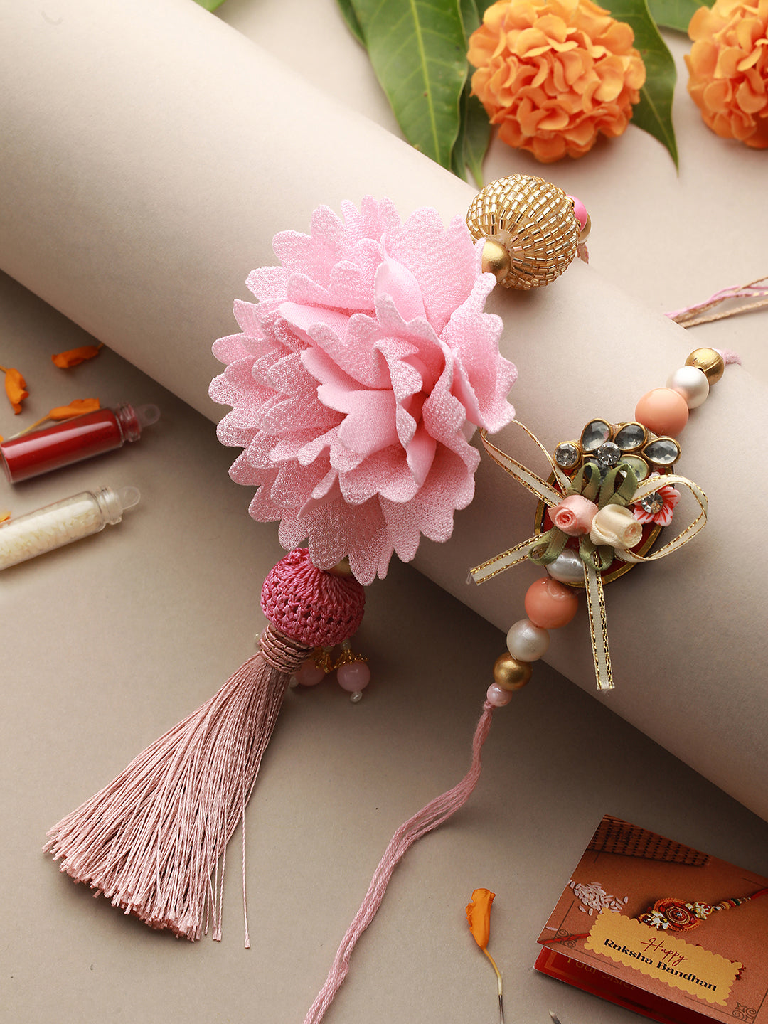 Pink Stones & Pearl Beaded Designer Handcrafted Rakhi Lumba Set
