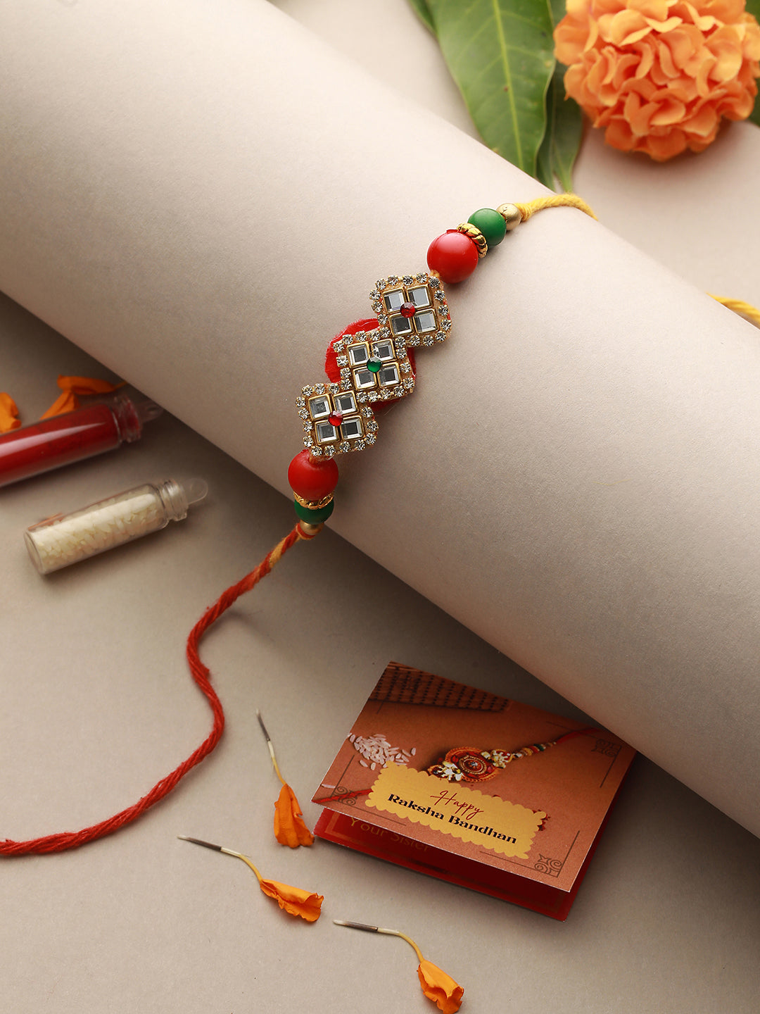 Red Kundan Studded Luxe Rakhi with Roli Chawal