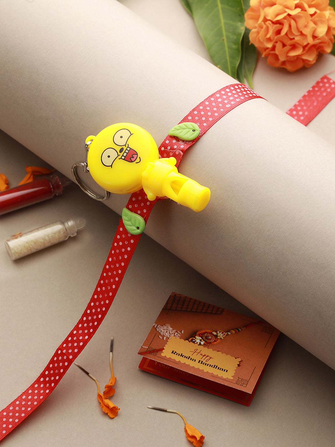 Yellow & Red  Ribbon  Whistle Shaped Designer Kids Rakhi