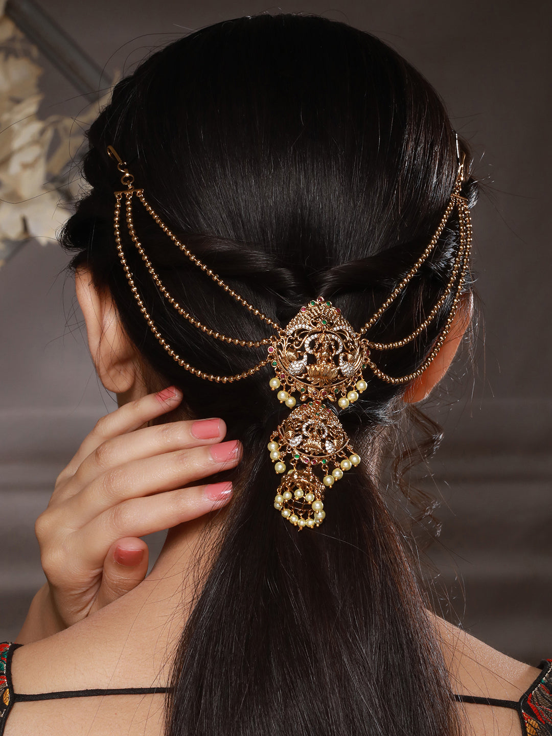 Gold Plated Red Kemp & Pearl Beaded  Shri Lakshmi Design Bridal  3 layered Chain Hair Brooch Jadai Billai