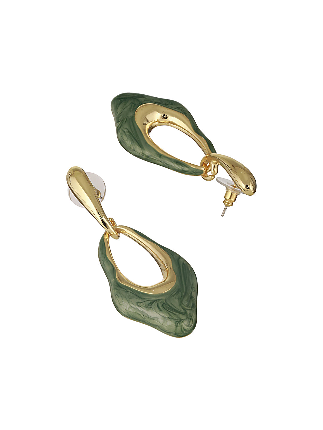 Anti-Tarnish 18k Gold Plated & Emarald Enamelled Hollow Drop Contemporary Earrings