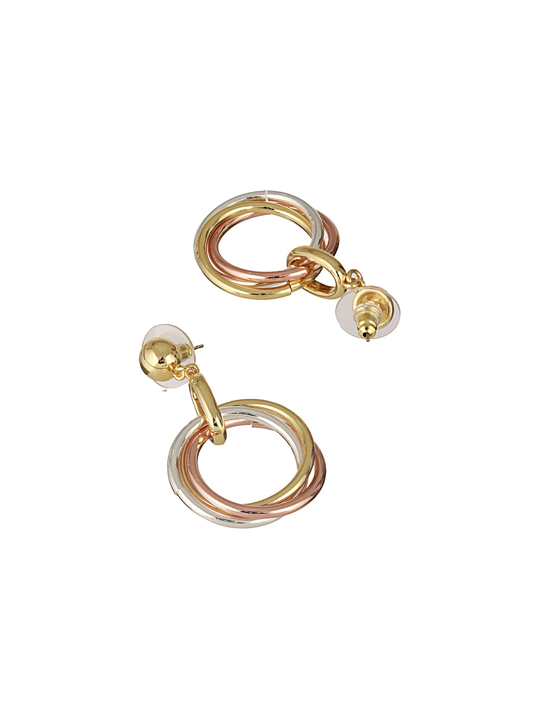 Anti-Tarnish 3 Toned Gold Plated Twisted Round Double Circle Chunky Drop Hoop Earrings