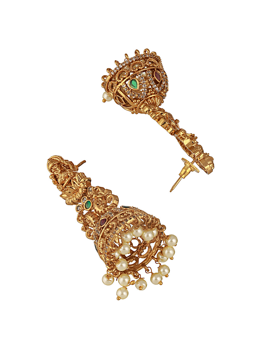 Gold Matt Polish Zircon Studded Lakshmiji Motif Designer Danggling  Earring