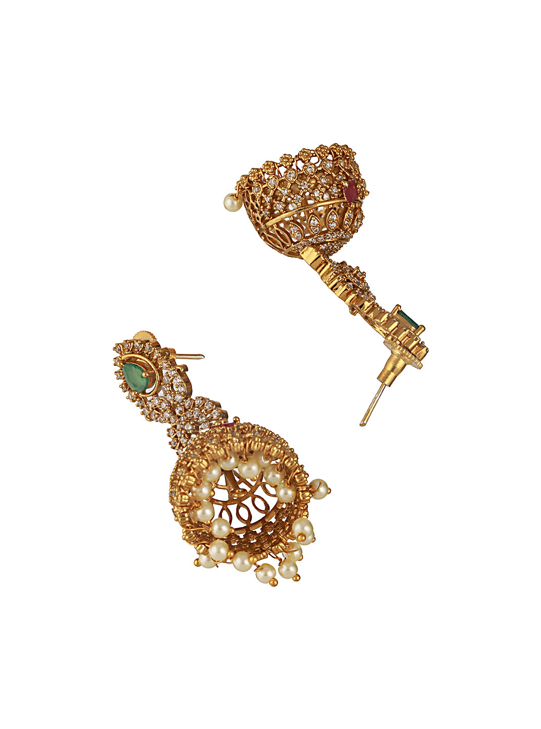 Gold Plated Green Zircon Studded Pearl Beaded Dangler  Earrings