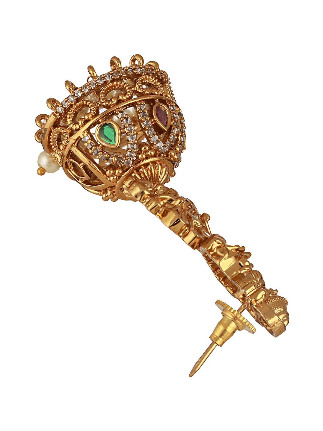 Gold Matt Polish Zircon Studded Lakshmiji Motif Designer Danggling  Earring