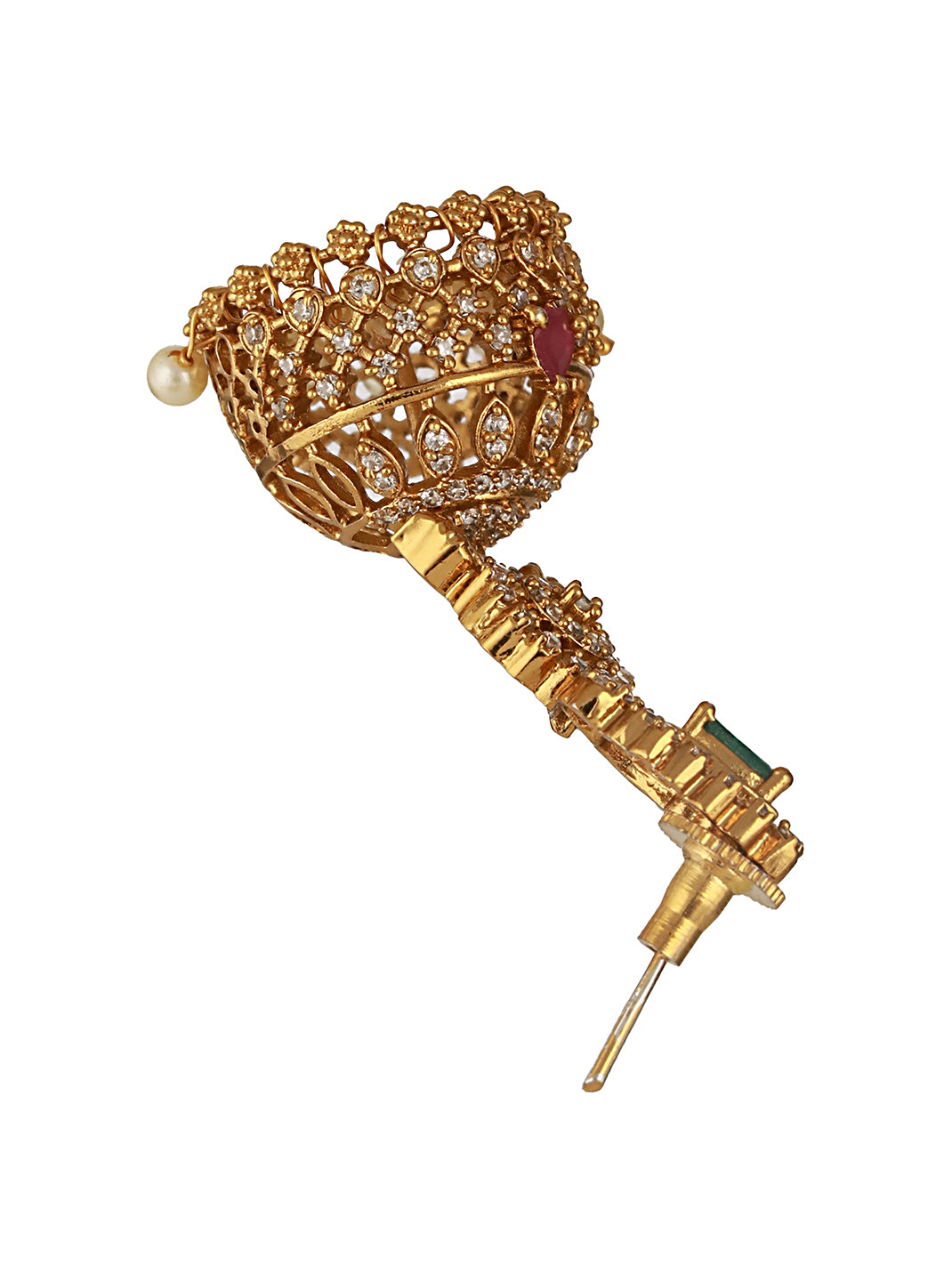 Gold Plated Green Zircon Studded Pearl Beaded Dangler  Earrings