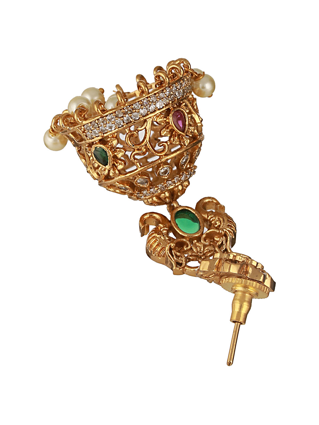 Antique Gold Polish  Zircon Studded Pearl Beaded  Floral Dangling   Earring