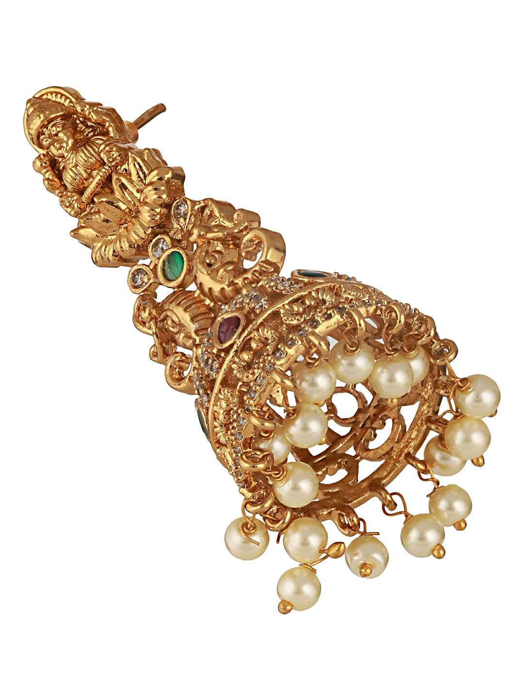 Gold Matt Polish Zircon Studded Lakshmiji Motif Designer Danggling  Earring