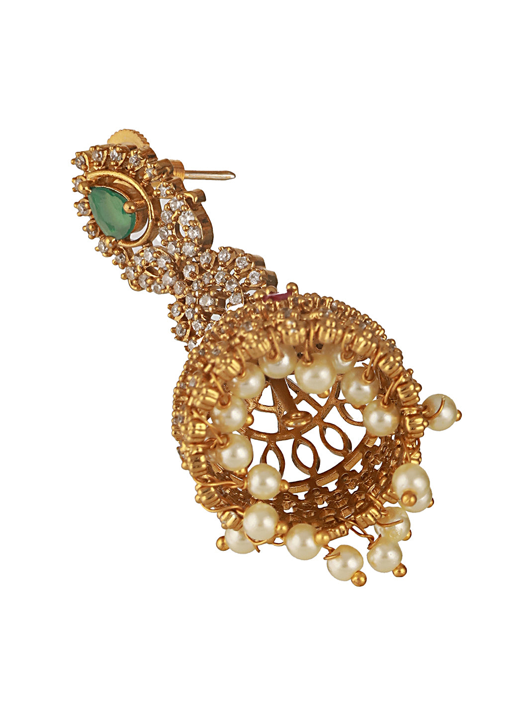 Gold Plated Green Zircon Studded Pearl Beaded Dangler  Earrings