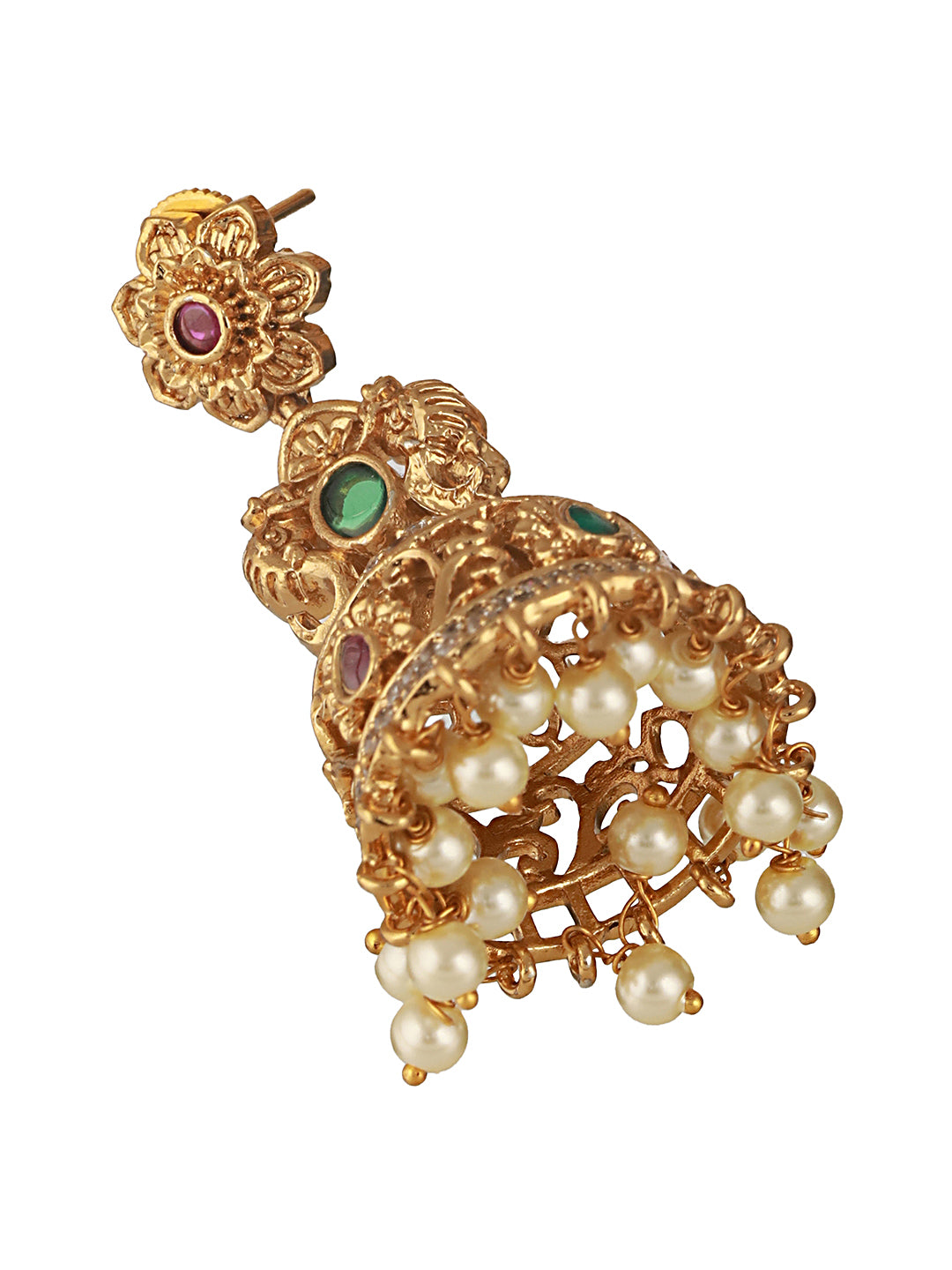 Antique Gold Polish  Zircon Studded Pearl Beaded  Floral Dangling   Earring