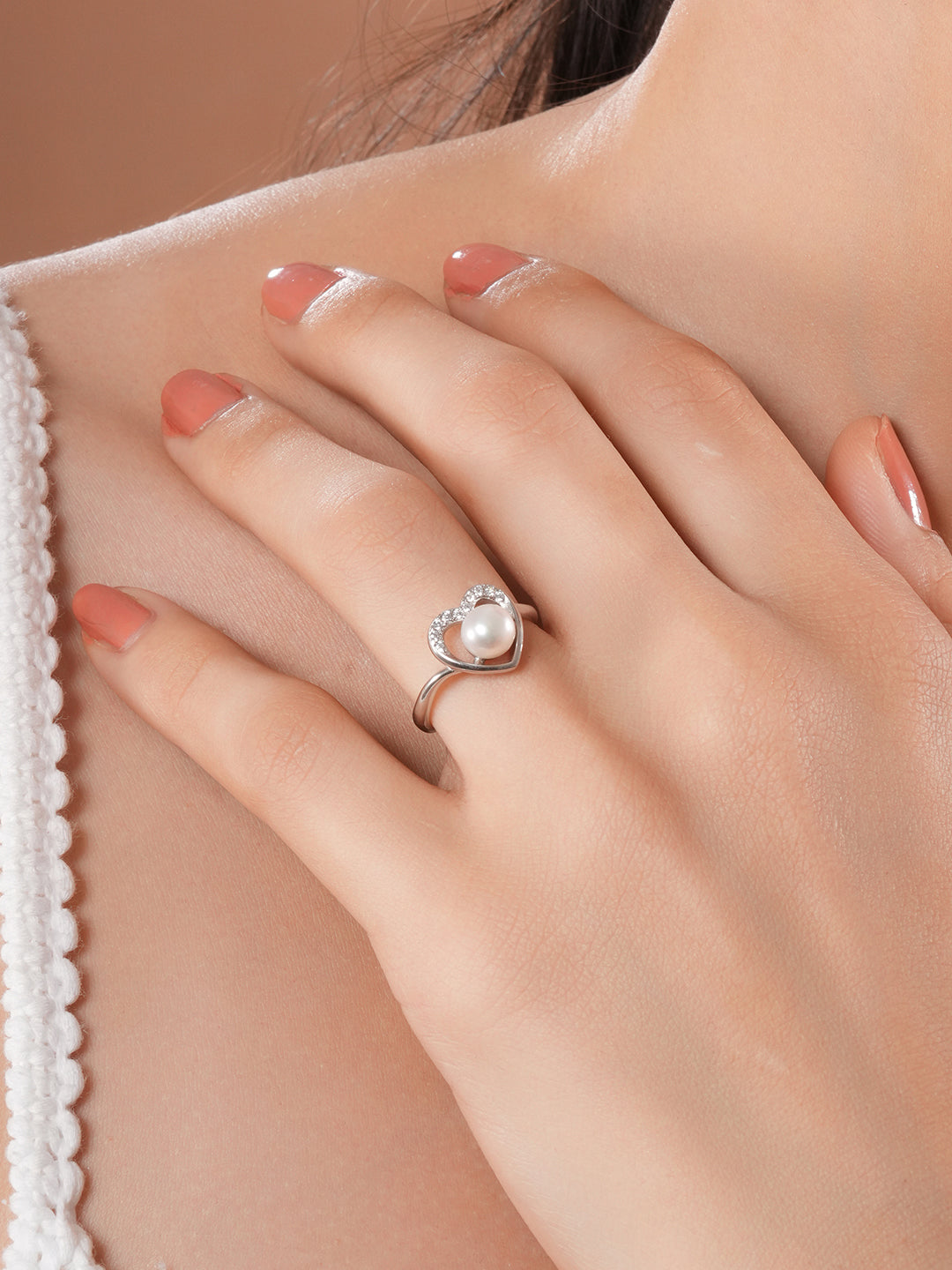 925 Silver Round Faux Pearl AD Studded Heart Shaped Proposal Finger Ring