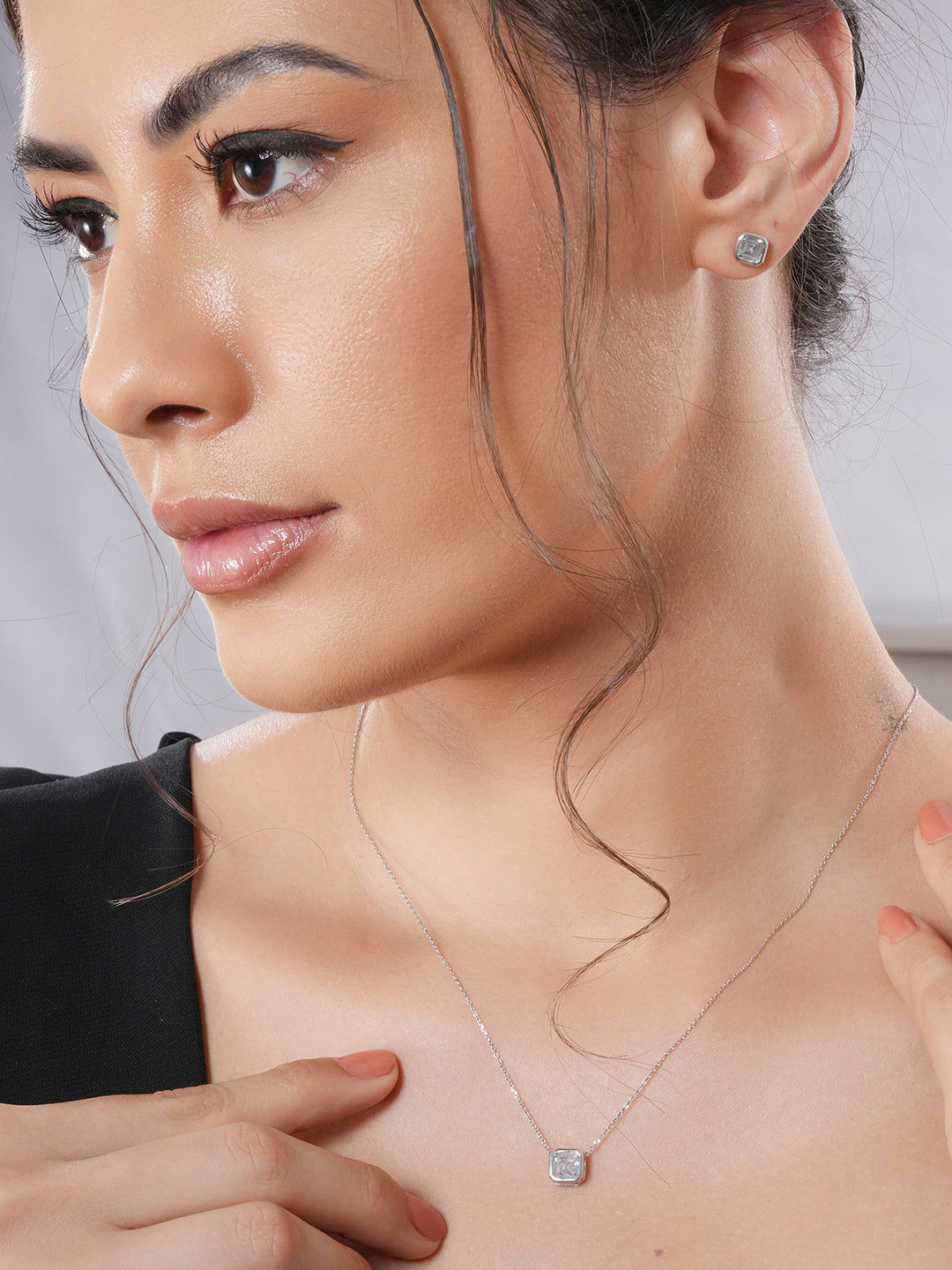 925 Sterling Silver AD Studded Geometric Halo Square Solitaire Locket Jewellery Set