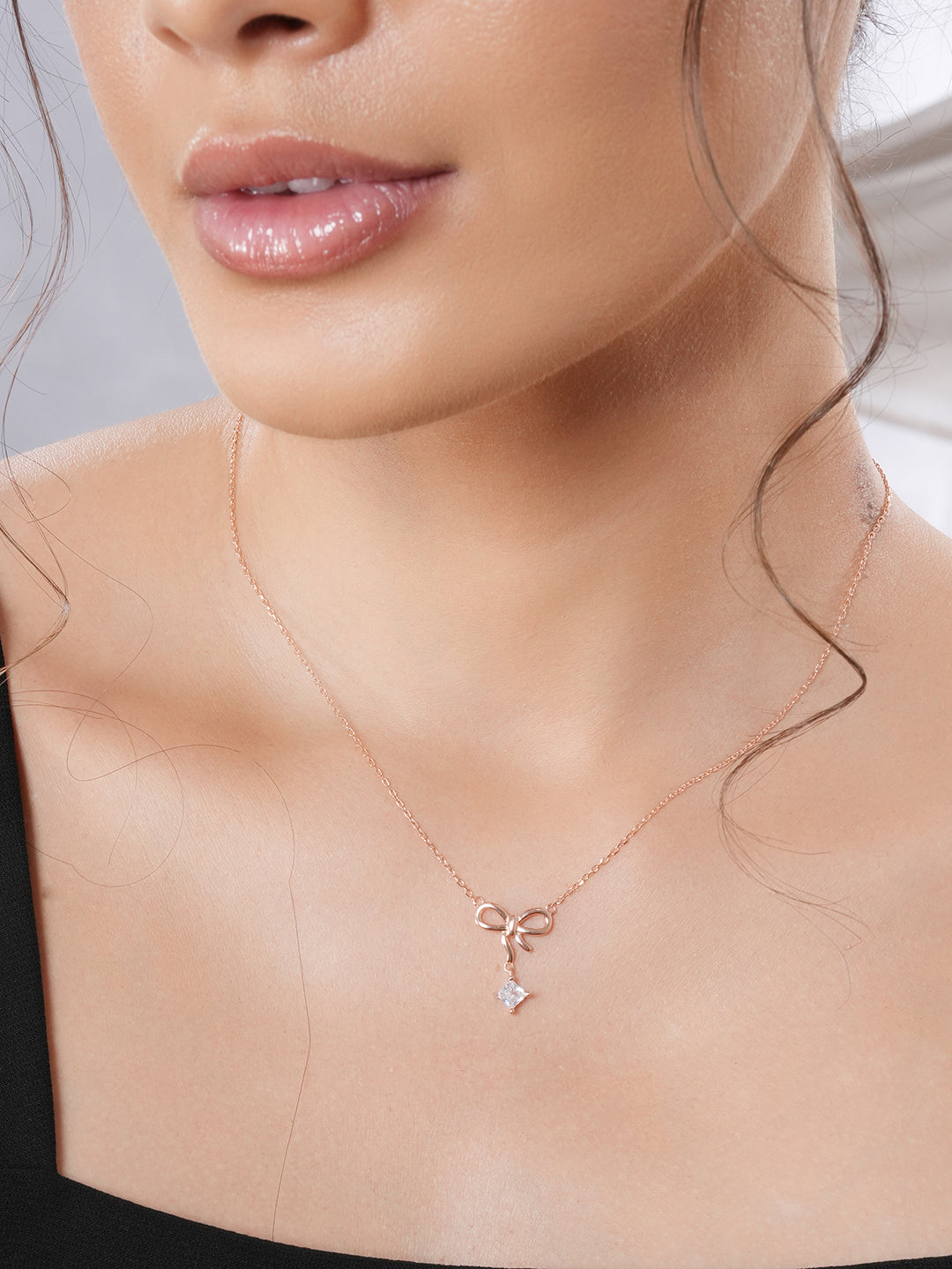 925 Sterling Silver Rose Gold AD Studded Minimal Bow Designer  Pendant Necklace & Chain