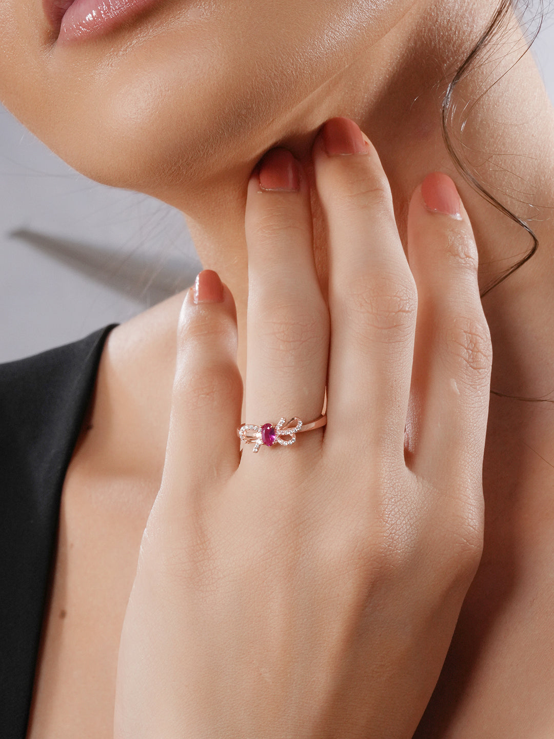 925 Sterling Silver Red Ruby Studded Rose gold Plated  Cherry Bow Adjustable Finger Ring