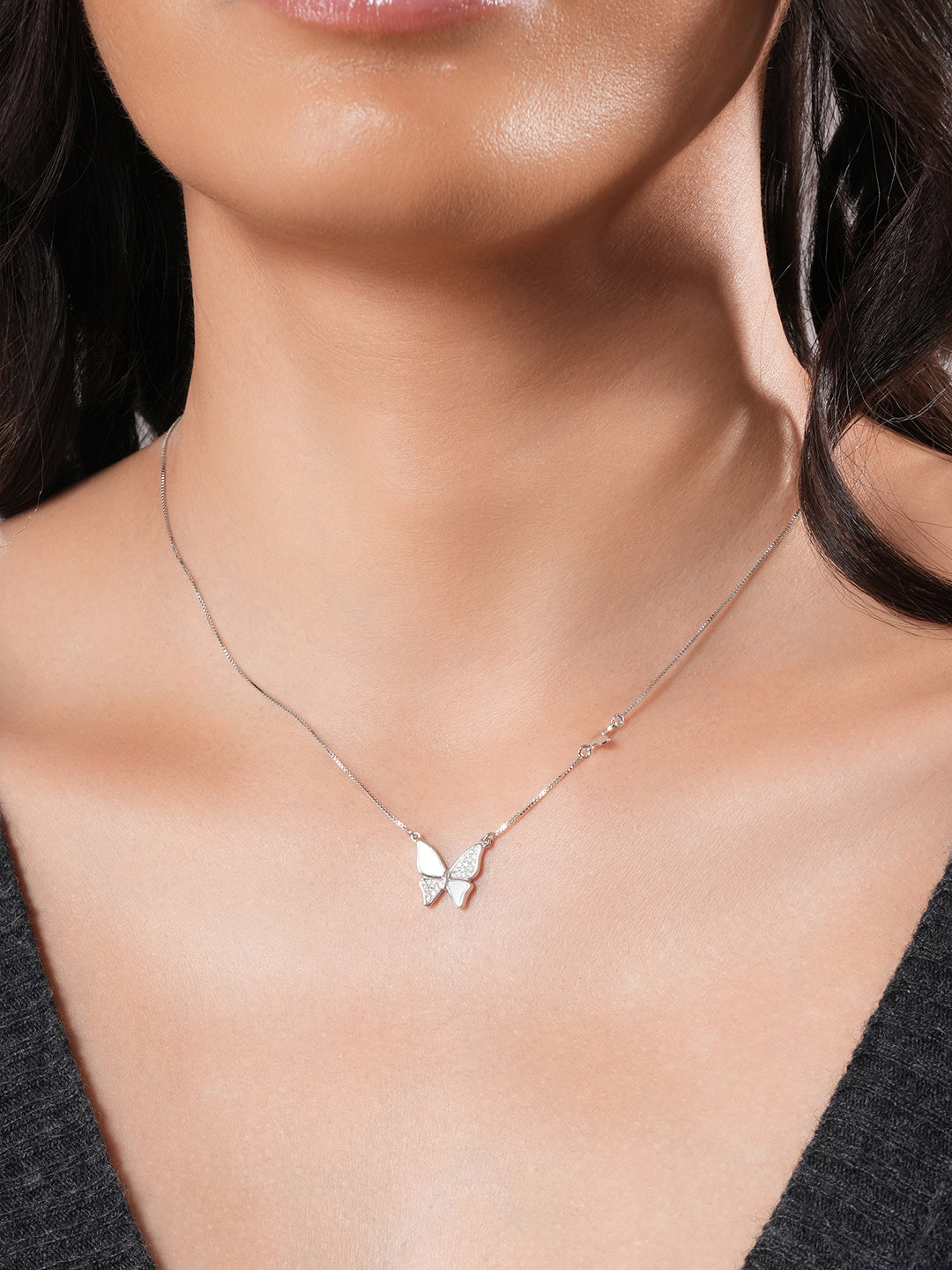 925 Sterling Silver CZ Studded Butterfly Pendant Minimal Necklace & Chain
