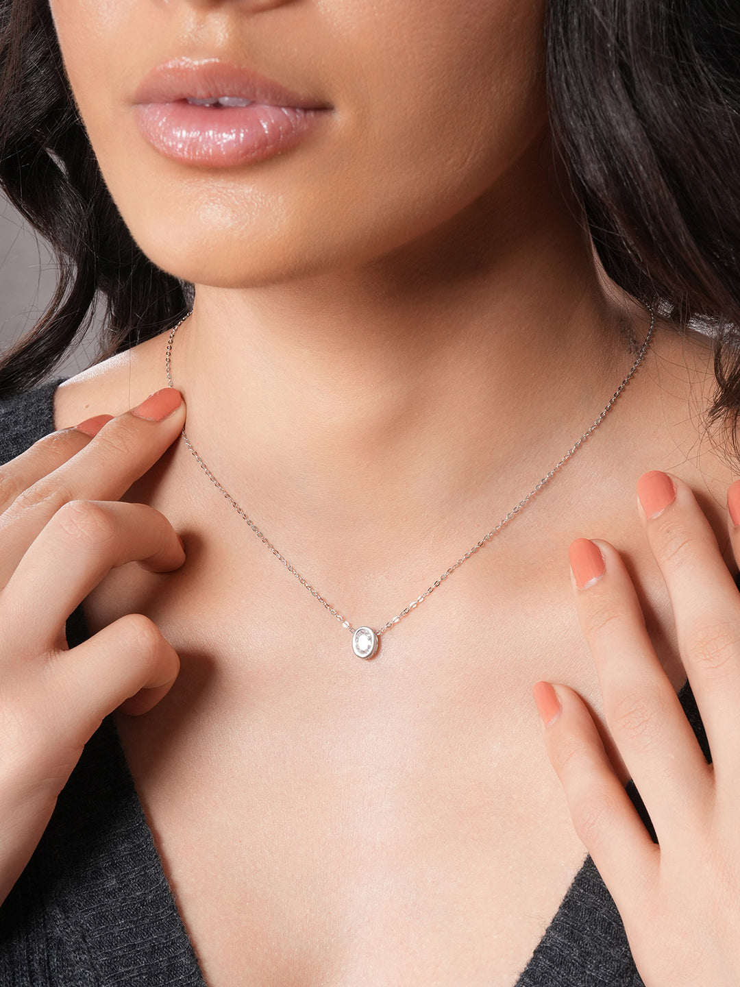 925 Sterlling Silver CZ Studded Oval AD Solitaire Pendant Necklace & Chain