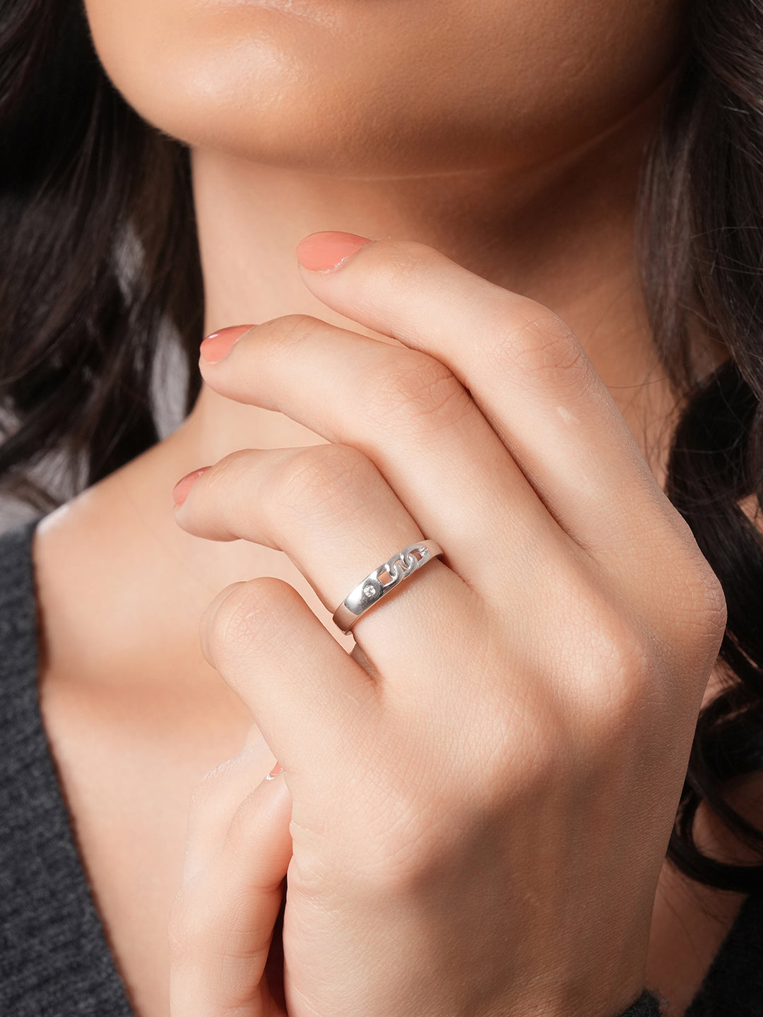 925 Sterling Silver Rhodium Plated Minimal Link love Adjustable Finger Band Ring