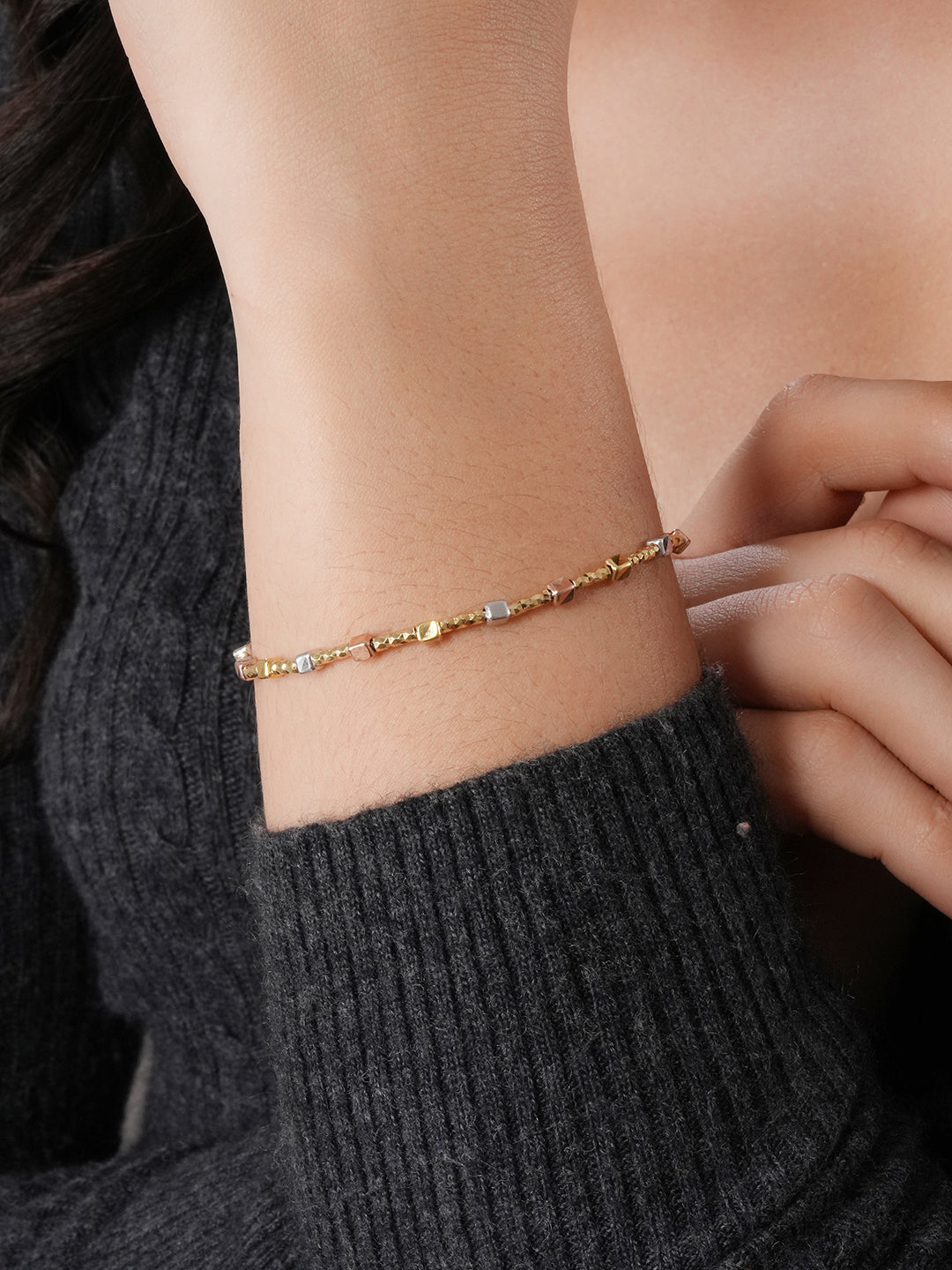 925 Sterling Silver Dual Toned Geometric Chain Adjustable Bracelet