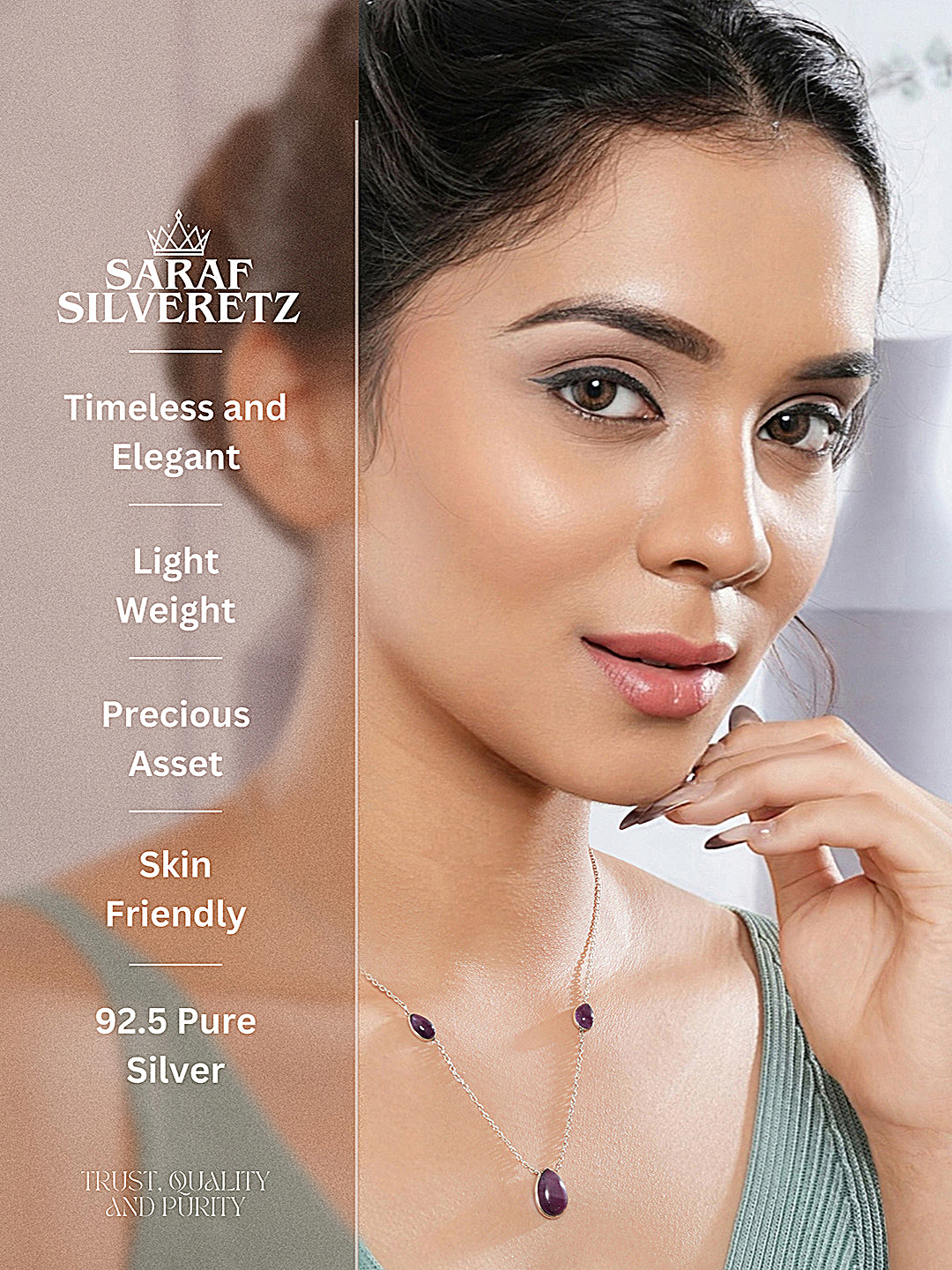 925 Sterling Silver Amethyst Gemstone Studded Minimal Boho Necklace & Chain