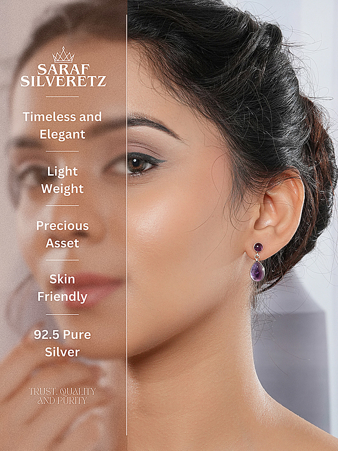 925 Sterling Silver Rhodium Natural Amethyst Gemstone Minimal  Handcrafted  Drop Earrings