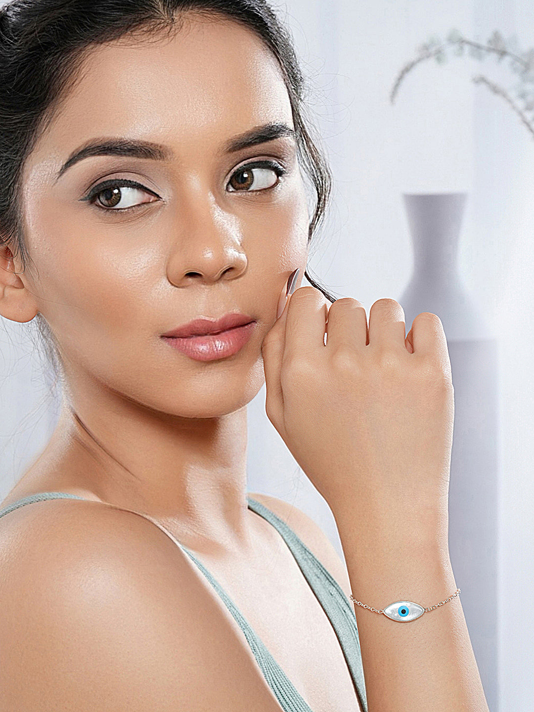 925 Silver Evil Eye Blue Minimal Adjustable Chain Charm Bracelet