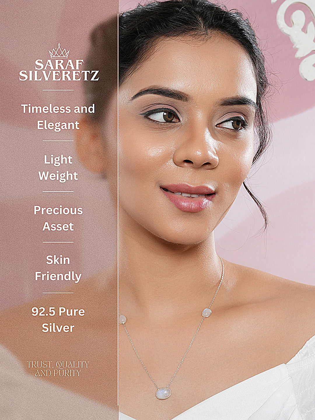 925 Sterling Silver White Moonstone  Gemstone Studded Minimal Boho Necklace & Chain