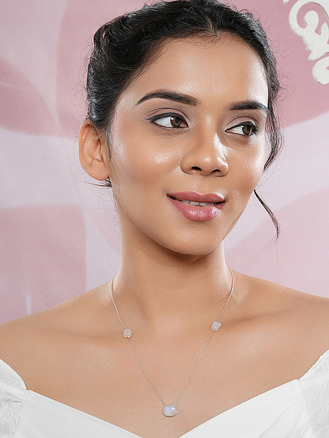 925 Sterling Silver White Moonstone  Gemstone Studded Minimal Boho Necklace & Chain