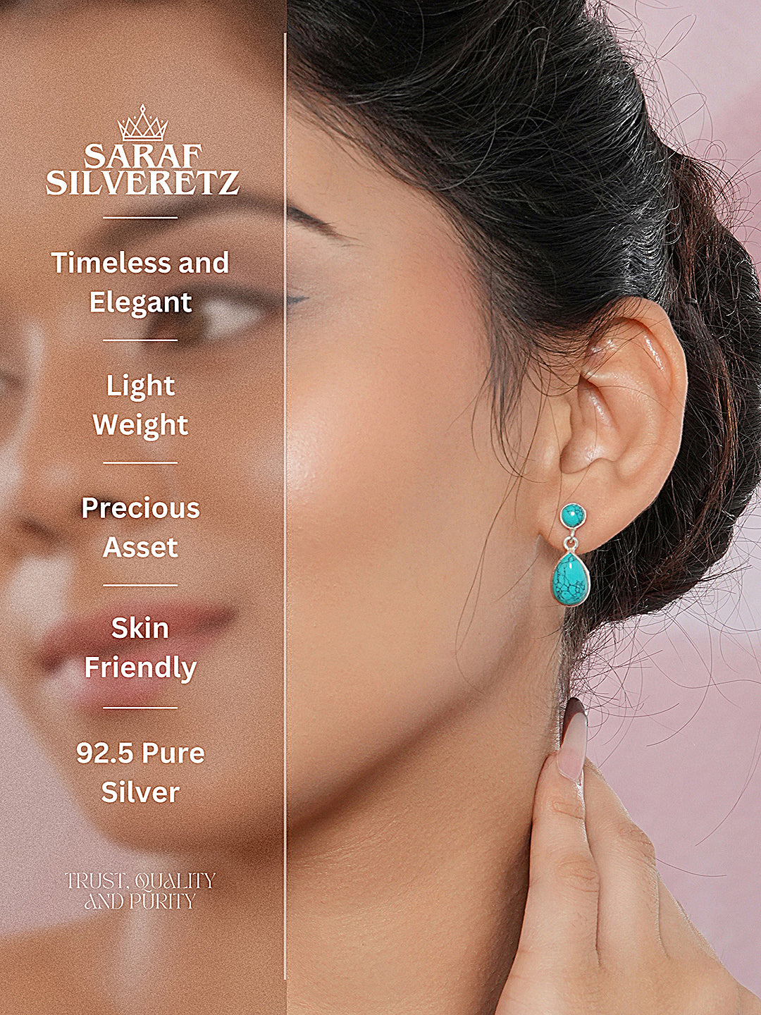 925 Sterling Silver Turquoise Stone Studded Minimal Boho Geometric Drop earrings