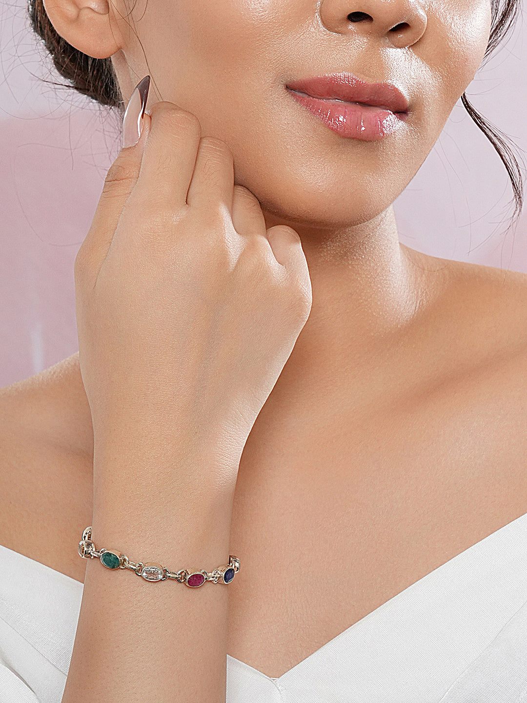 925 Silver Navratna  Natural Gemstones Studded Handmade Minimal Delicate Charms Adjustable Bracelet