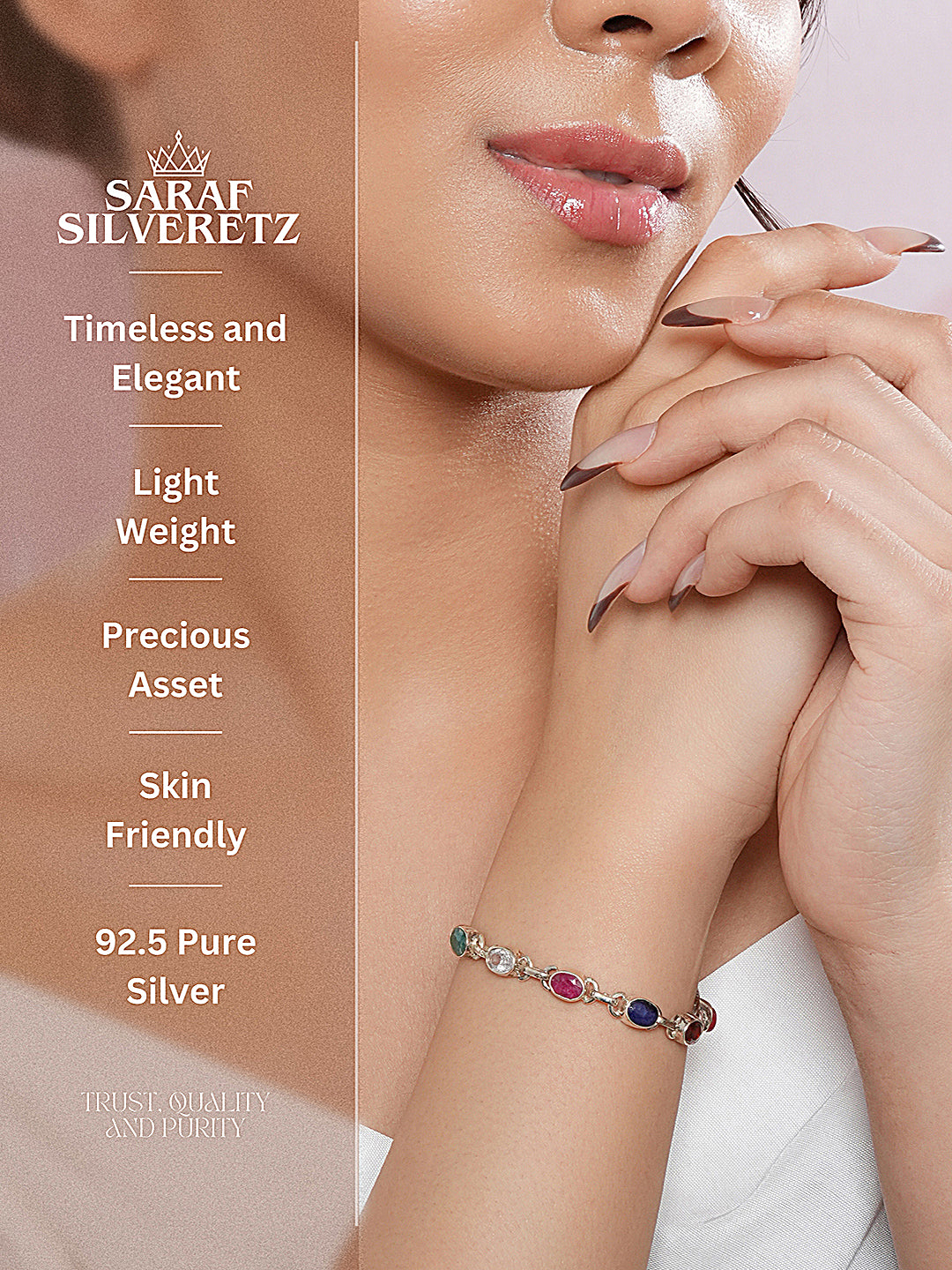 925 Silver Navratna  Natural Gemstones Studded Handmade Minimal Delicate Charms Adjustable Bracelet