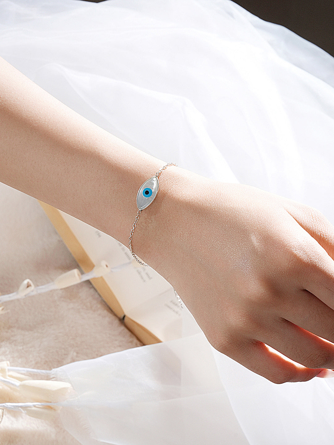 925 Silver Evil Eye Blue Minimal Adjustable Chain Charm Bracelet