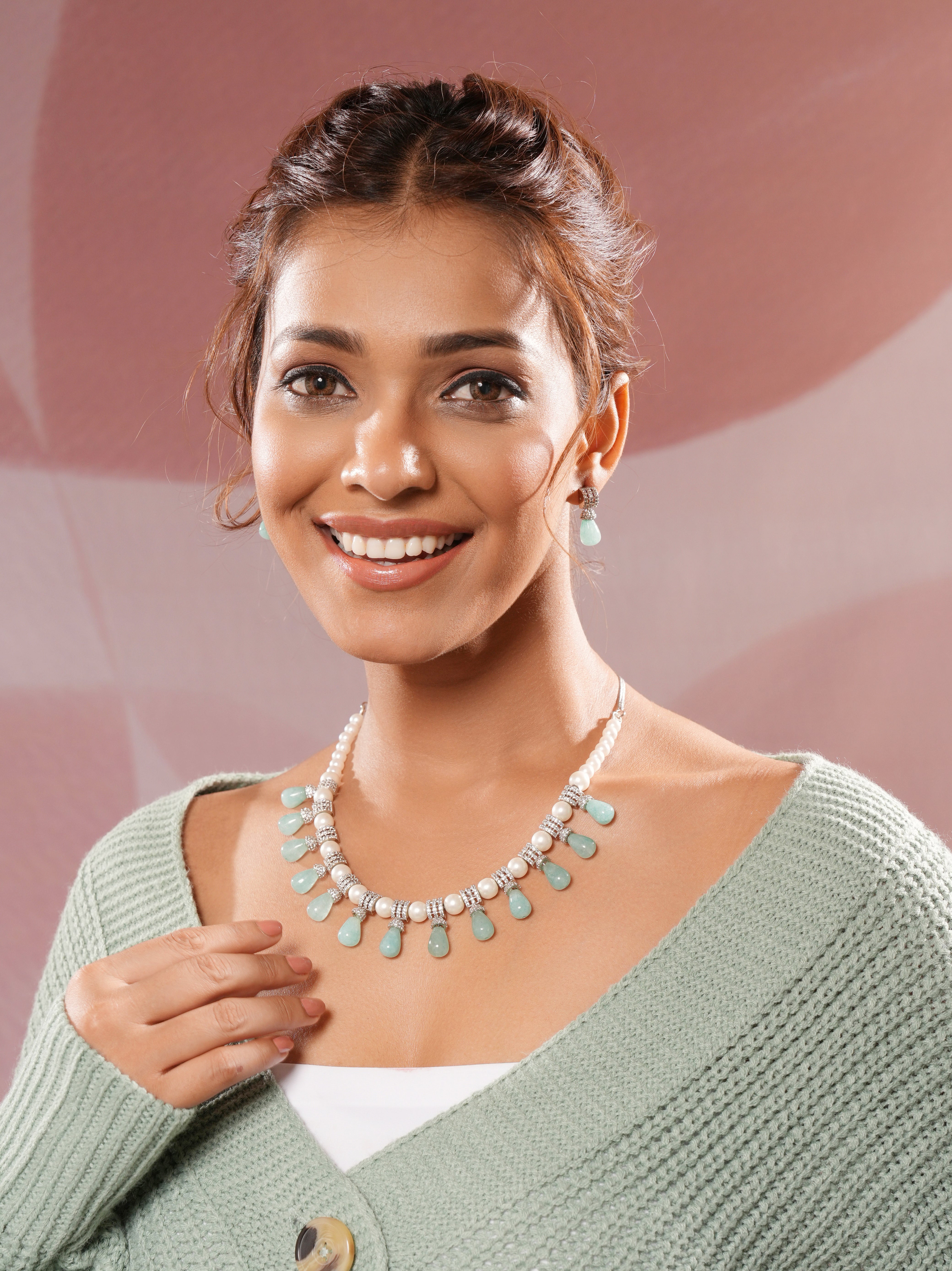 Zircon AD Studded Pearl & Mint Beads Beaded Designer Statement Jewellery Set