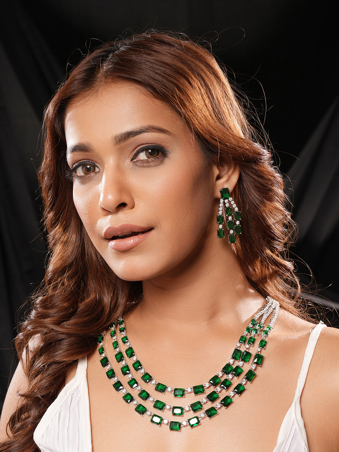 Silver Plated Emerald Green  AD Studded Layered Statement Necklace Jewellery Set