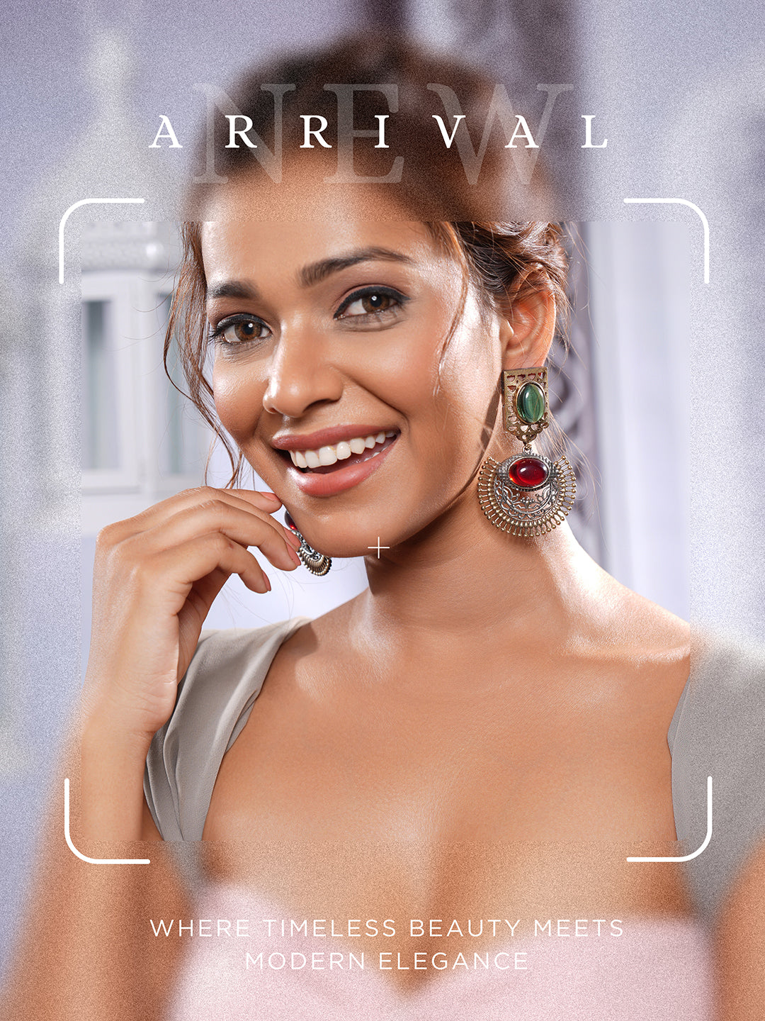 Antique Gold-Toned Dual Red & Green Stone  Engraved  Handcrafted Dangler  Earrings