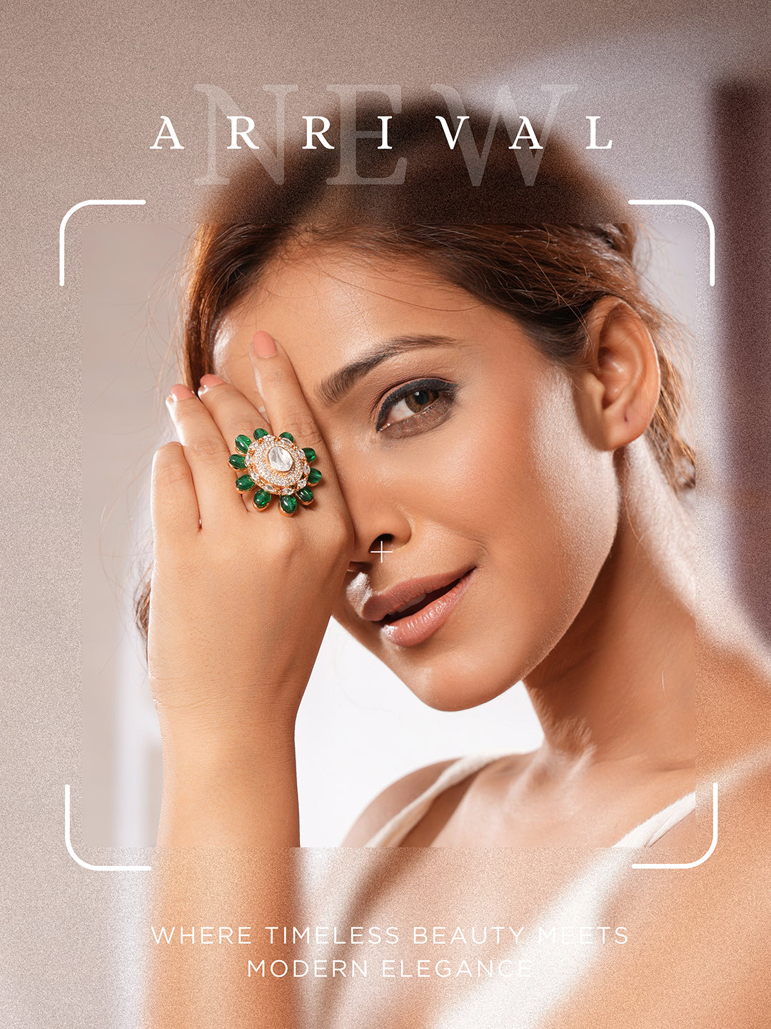 Gold Plated Kundan Mossanite Green Beads Studded Designer Adjustable Finger Rings