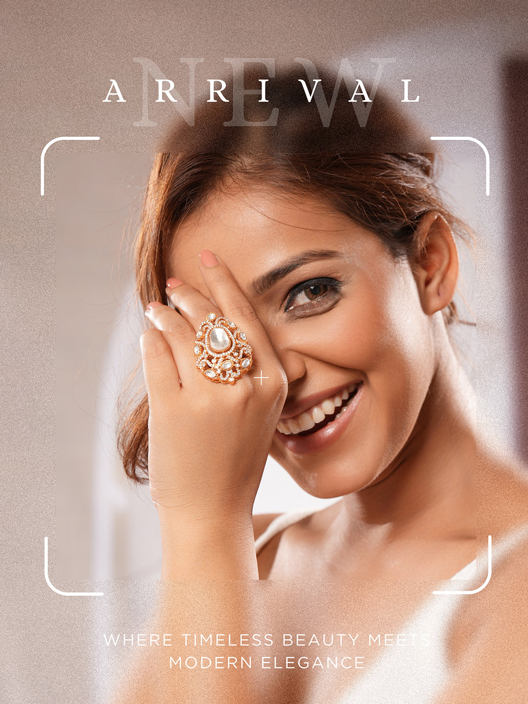 Gold Plated Kundan  Moissanite Studded Filigree Luxe Tilak Shaped Cocktail Finger Ring