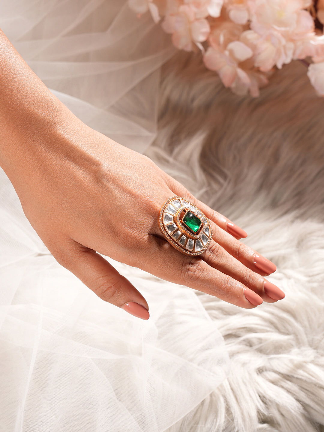 Gold Plated Green Emerald Kundan Studded Geometric Adjustable Cocktail Finger Ring
