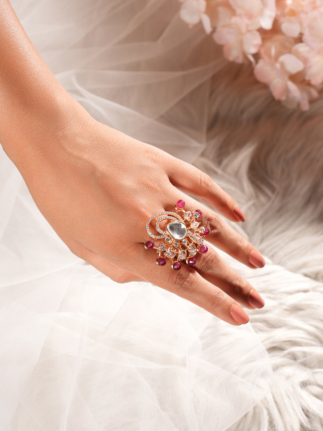 Gold Plated Kundan Red Beads Studded Floral Adjustable Cocktail Finger Ring