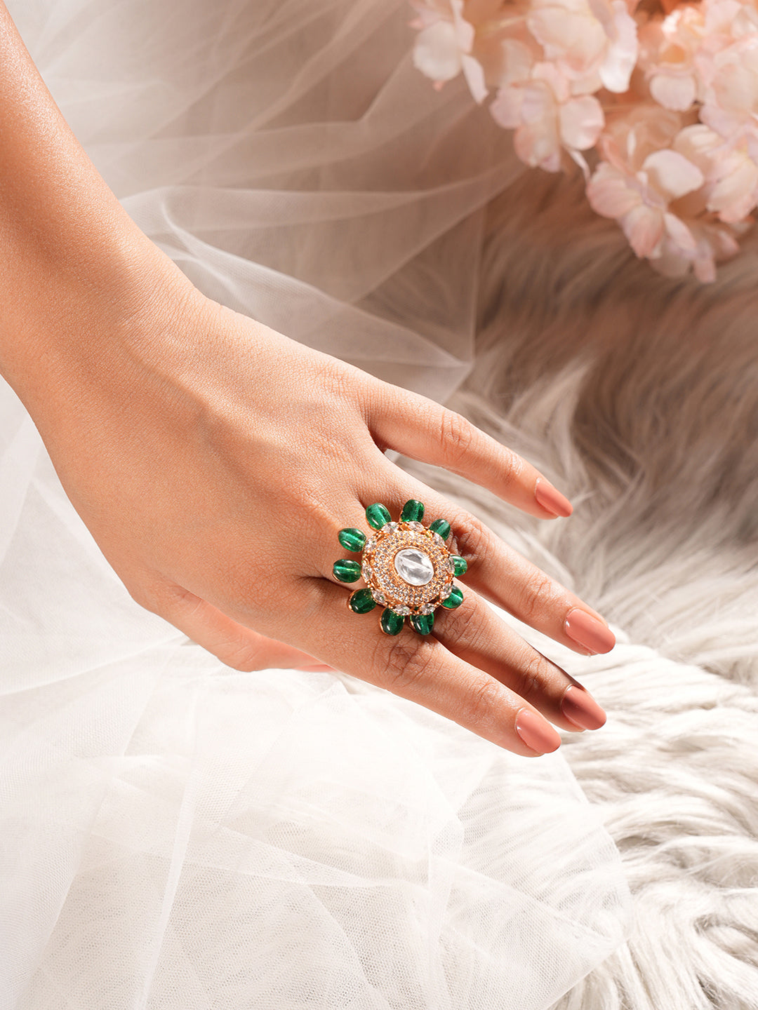 Gold Plated Kundan Mossanite Green Beads Studded Designer Adjustable Finger Rings