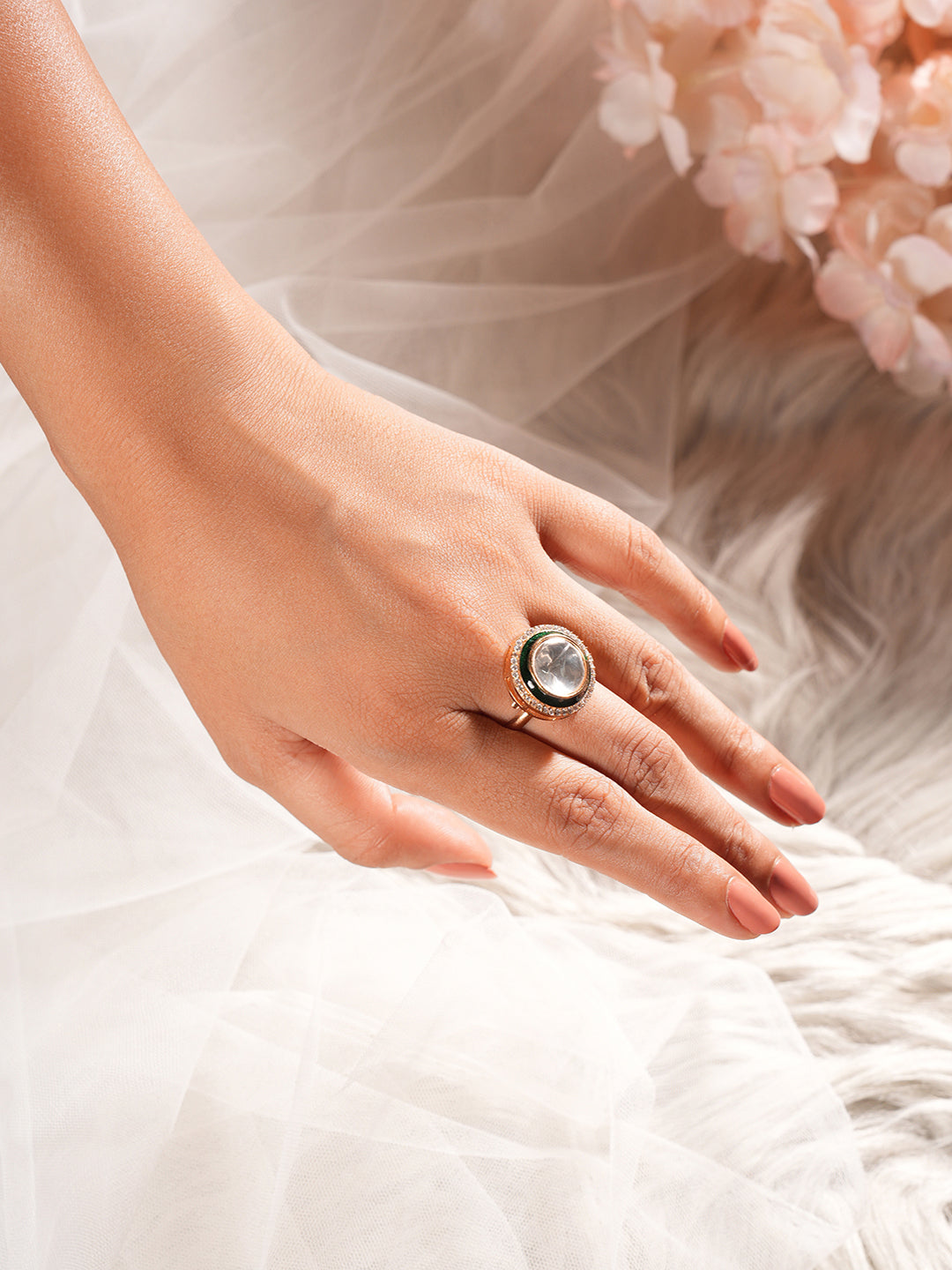 Gold Plated Incut Kundan Mossanite Studded Minimal Bridal Adjustable Handcrafted Finger Rings