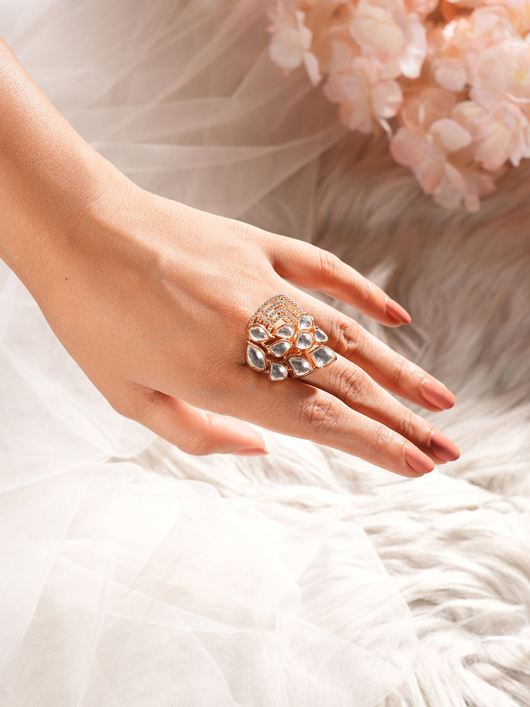 Gold Plated Uncut Polki Mossanite Kundan Studded Adjustable Cocktail Finger Ring