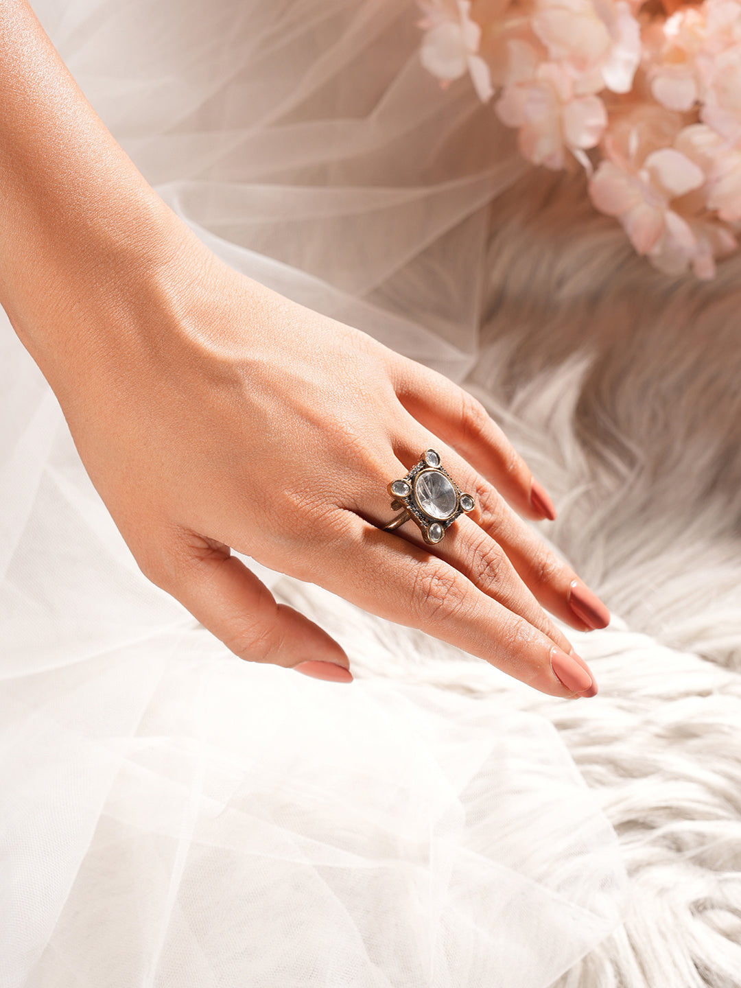 Gold Plated Kundan Uncut Mossanite Studded Geometric Minimal Adjustable Finger Ring